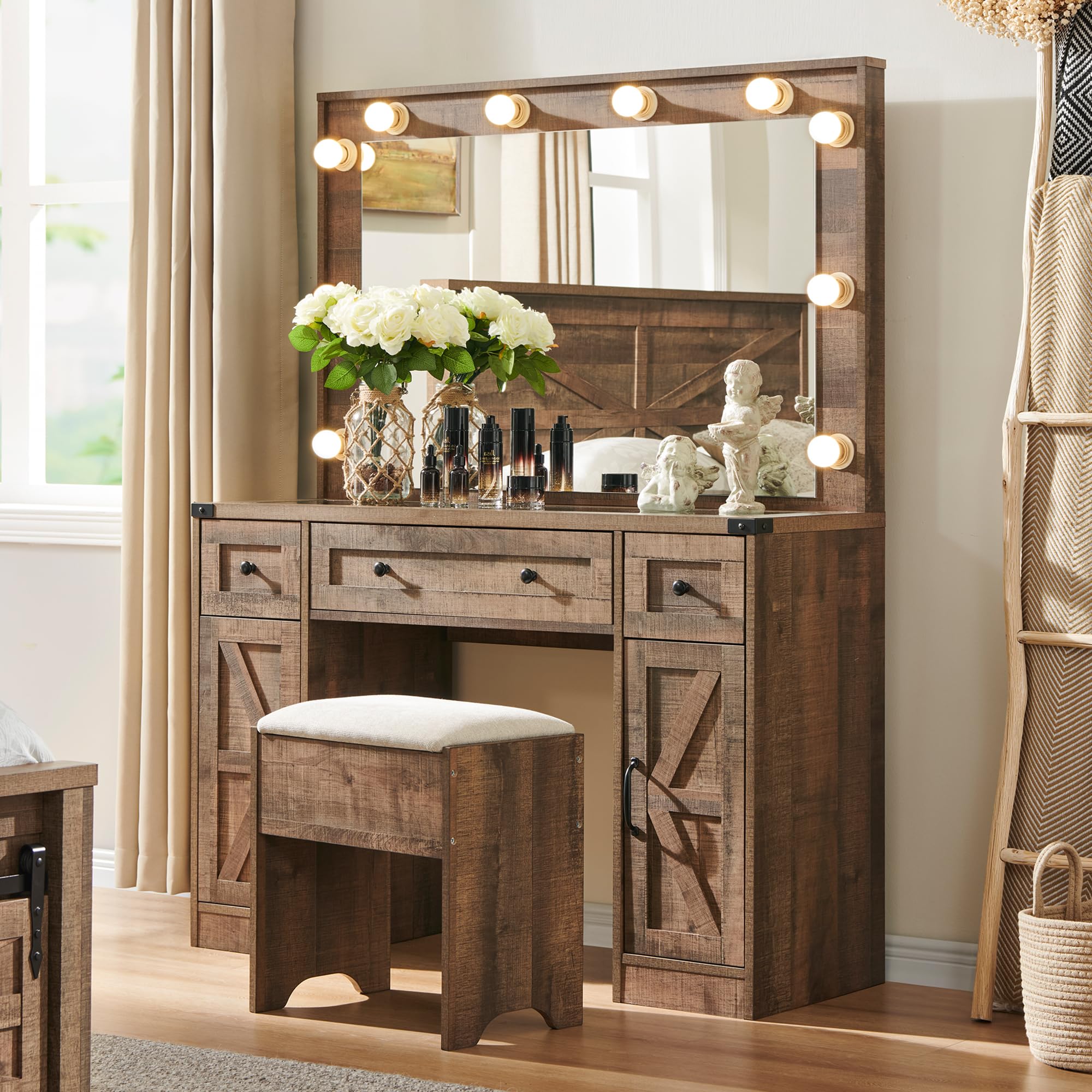 Farmhouse Makeup Vanity Desk with Mirror and Lights - 43