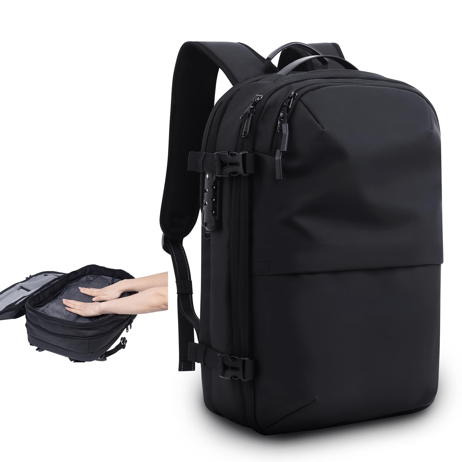 60L Expandable Air Vacuum Travel Backpack with Built-in Pump - Waterproof Compression Laptop Backpack with TSA Lock for Business Trips, Hiking & Weekend Getaways