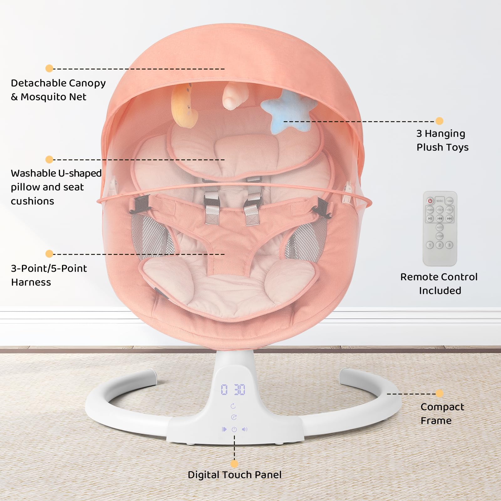 Baby Swing for Infants - 5-Speed Adjustable Rocker with 10 Soothing Lullabies, 5-Point Safety Harness & Remote Control | Includes 3 Hanging Toys (Pink) | Perfect for Nursery, Daycare & Soothing Fussy Babies to Sleep