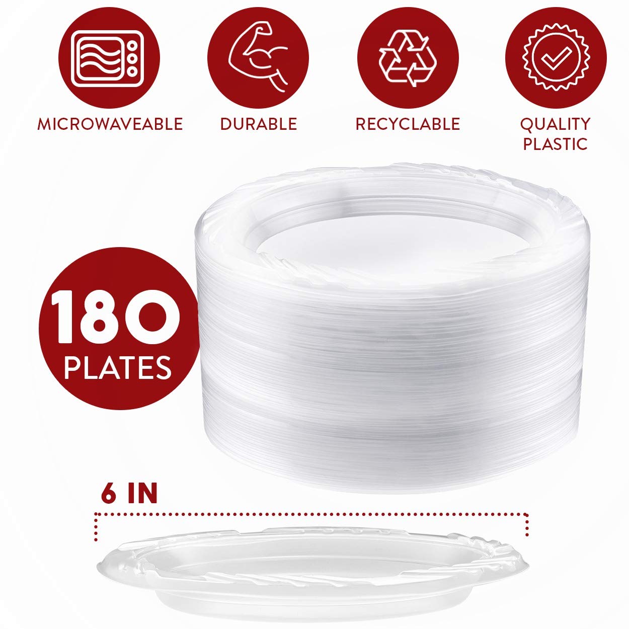 180-Pack 6 Inch Disposable Clear Plastic Dessert Plates - Microwave Safe Small Party Plates for Catering, BBQ, Picnic, Travel & Outdoor Events - Bulk Pack of Durable Plastic Plates for Easy Cleanup