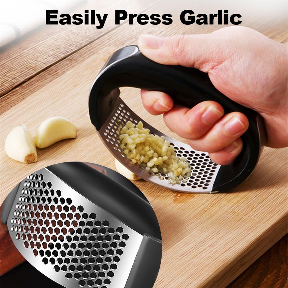 Premium Stainless Steel Garlic Press Rocker & Mincer - Heavy Duty Garlic Crusher, Chopper & Masher with Peeling Drum - Best Kitchen Gadget for Cooking, Baking & Meal Prep (Black)