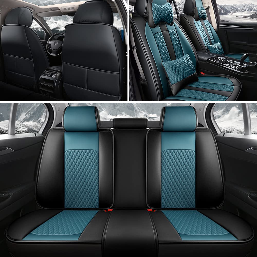 Premium Genuine Leather Car Seat Covers for Nissan Juke Acenta - Waterproof, Scratch-Resistant, Non-Slip Design with Airbag Compatibility (Full Set, Black/Blue) - Perfect for Daily Commuting, Road Trips & Car Interior Protection