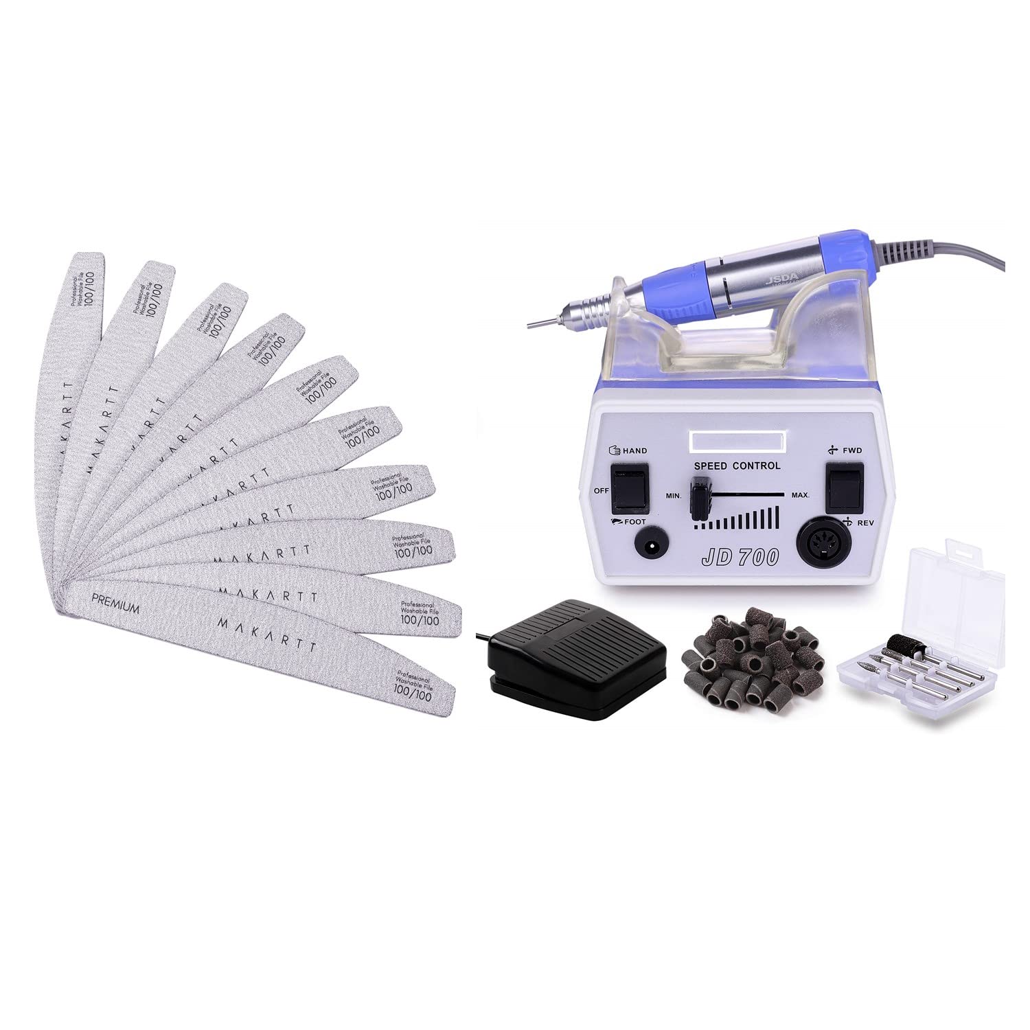 Makartt Professional 100/100 Grit Zebra Nail Files with Electric Nail Drill Kit - JD700 Nail File for Manicure, Pedicure & Nail Art at Home or Salon