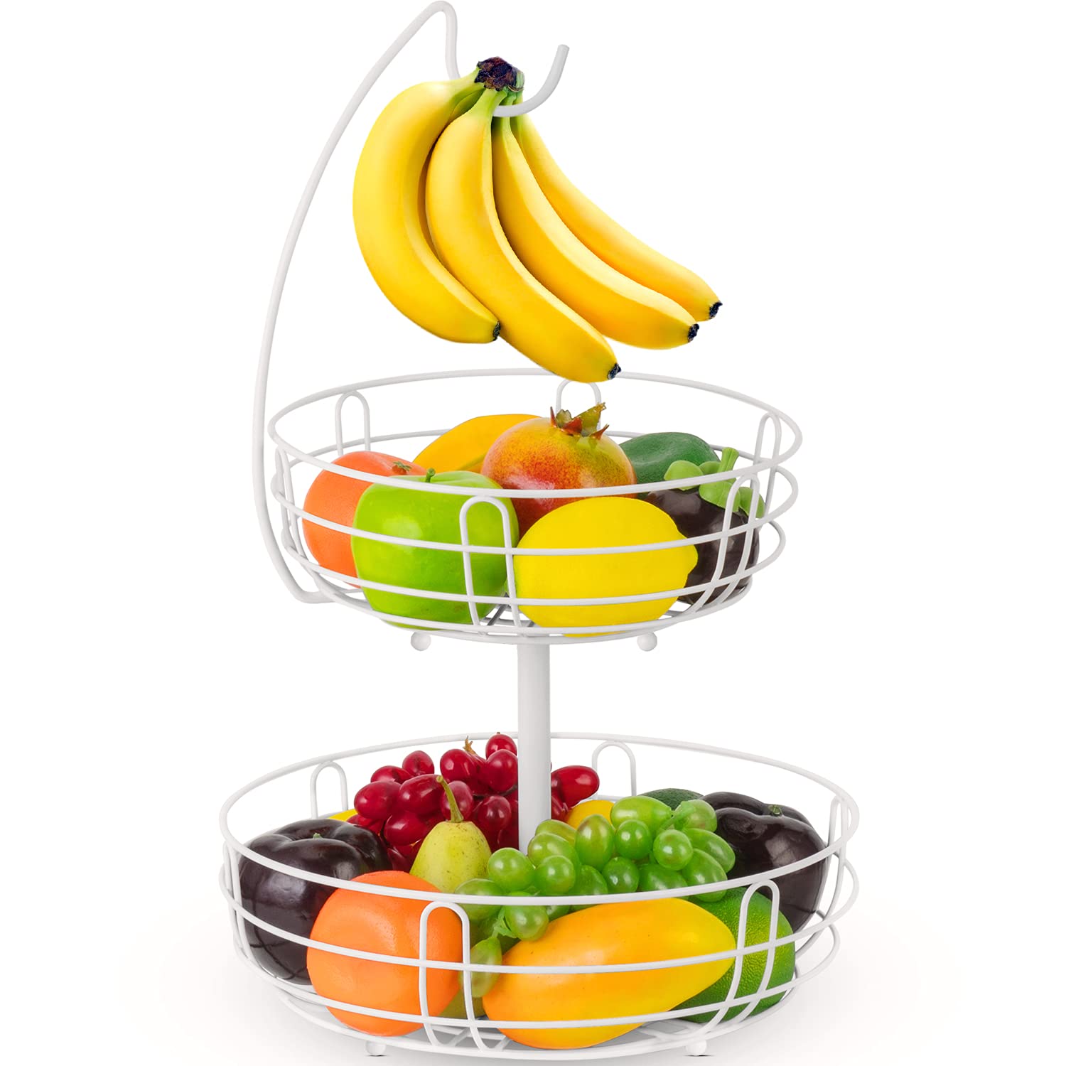 Bextsrack 2-Tier Kitchen Fruit Basket with Banana Hanger - White Detachable Countertop Organizer for Fruits & Vegetables | Perfect for Kitchen Counter, Dining Table, and Pantry Storage