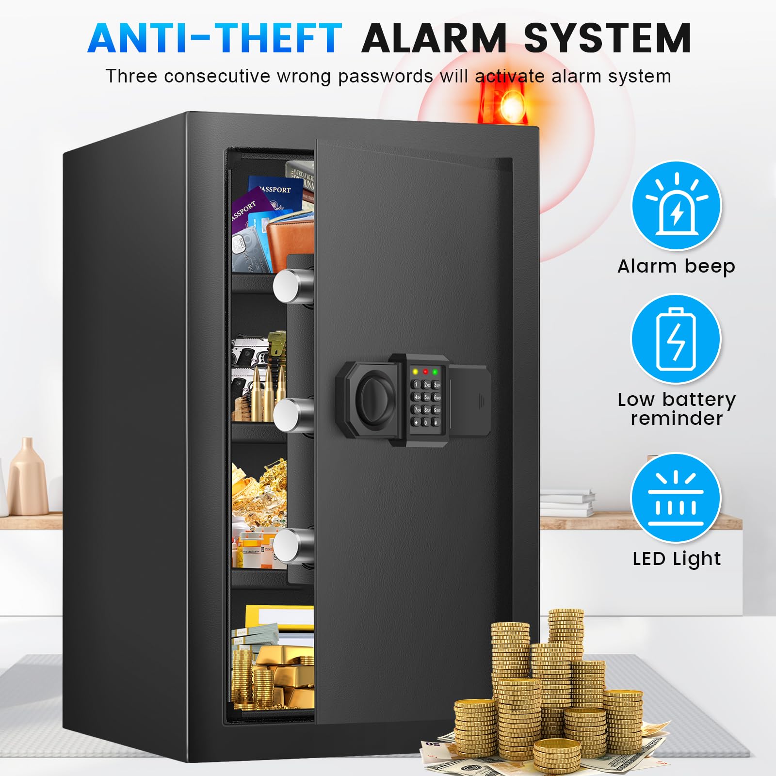 4.2 Cu Ft Fireproof Safe Box - Digital Keypad, Alarm System & Spare Keys - Waterproof & Anti-Theft Security Safe for Home, Office (Documents, Jewelry, Cash Protection)