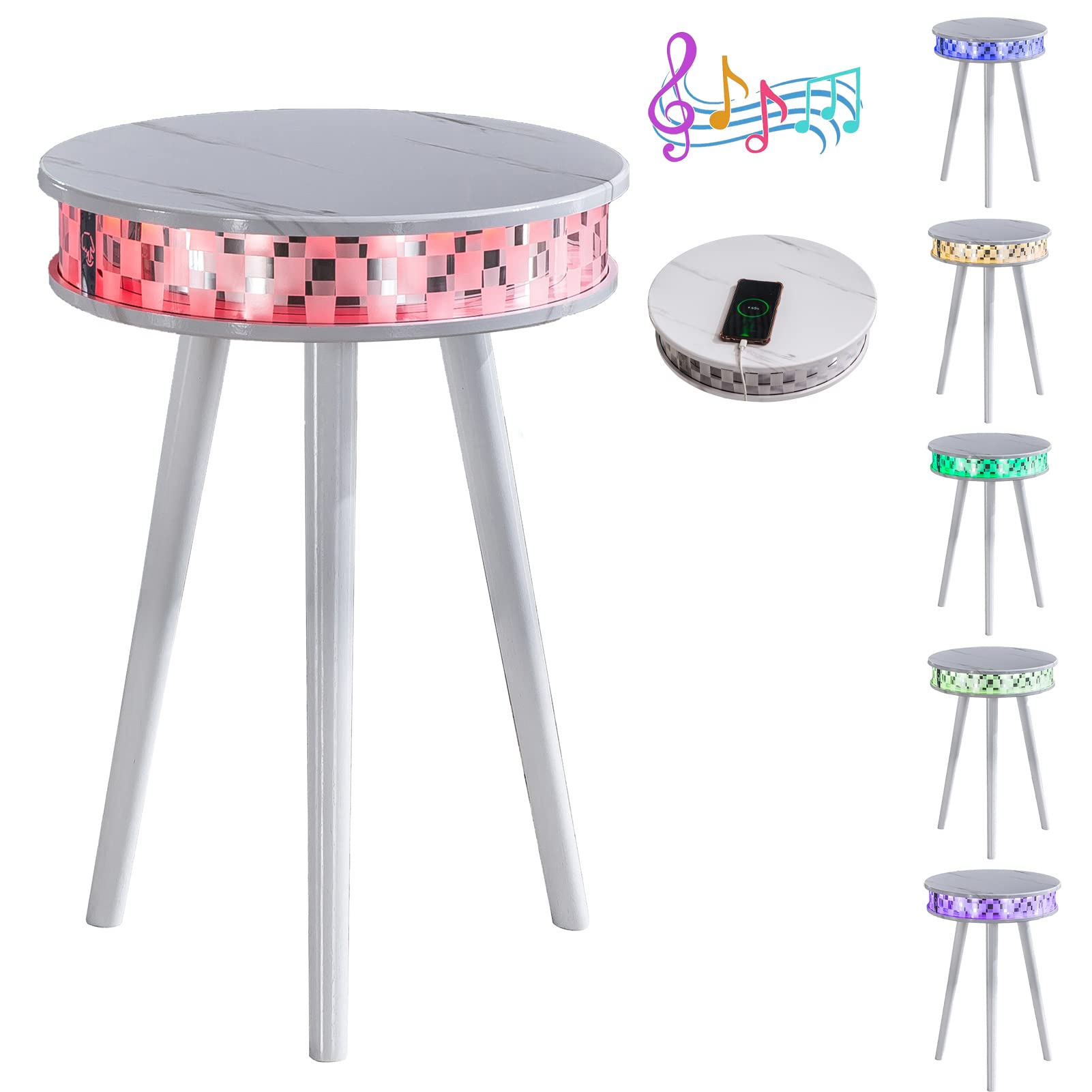 2022 New Portable Smart Side Table with Bluetooth Speaker, USB Charging Dock & RGB LED Lights - Modern Multifunctional Home Studio Table in Oak Finish | Perfect for Living Room, Bedroom, or Office Decor