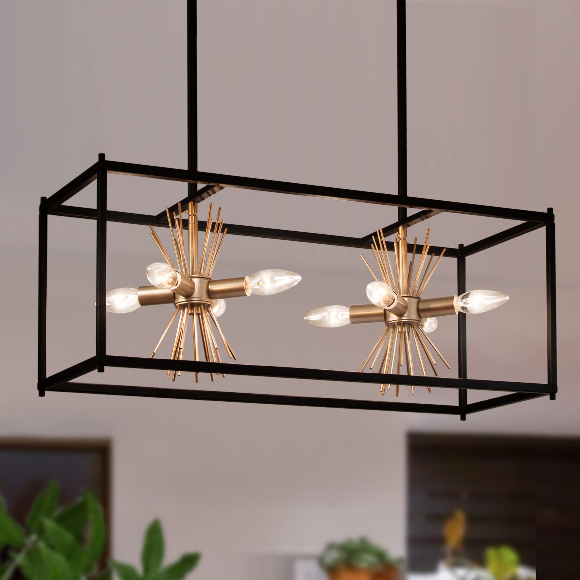 Uolfin Black Gold Chandelier - Modern Farmhouse 8-Light Rectangular Island Lighting Fixture for Kitchen, Dining Room & Living Room | Perfect for Rustic Home Decor, Open Concept Spaces & Luxury Interior Design
