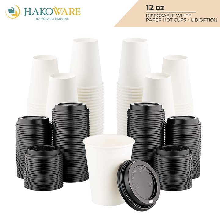 1000 Pack 12oz White Disposable Paper Cups with Black Lids - Hot & Cold Drink Cups for Coffee, Tea, Cocoa, Latte, Espresso - Perfect for Cafes, Offices, Parties, and Events