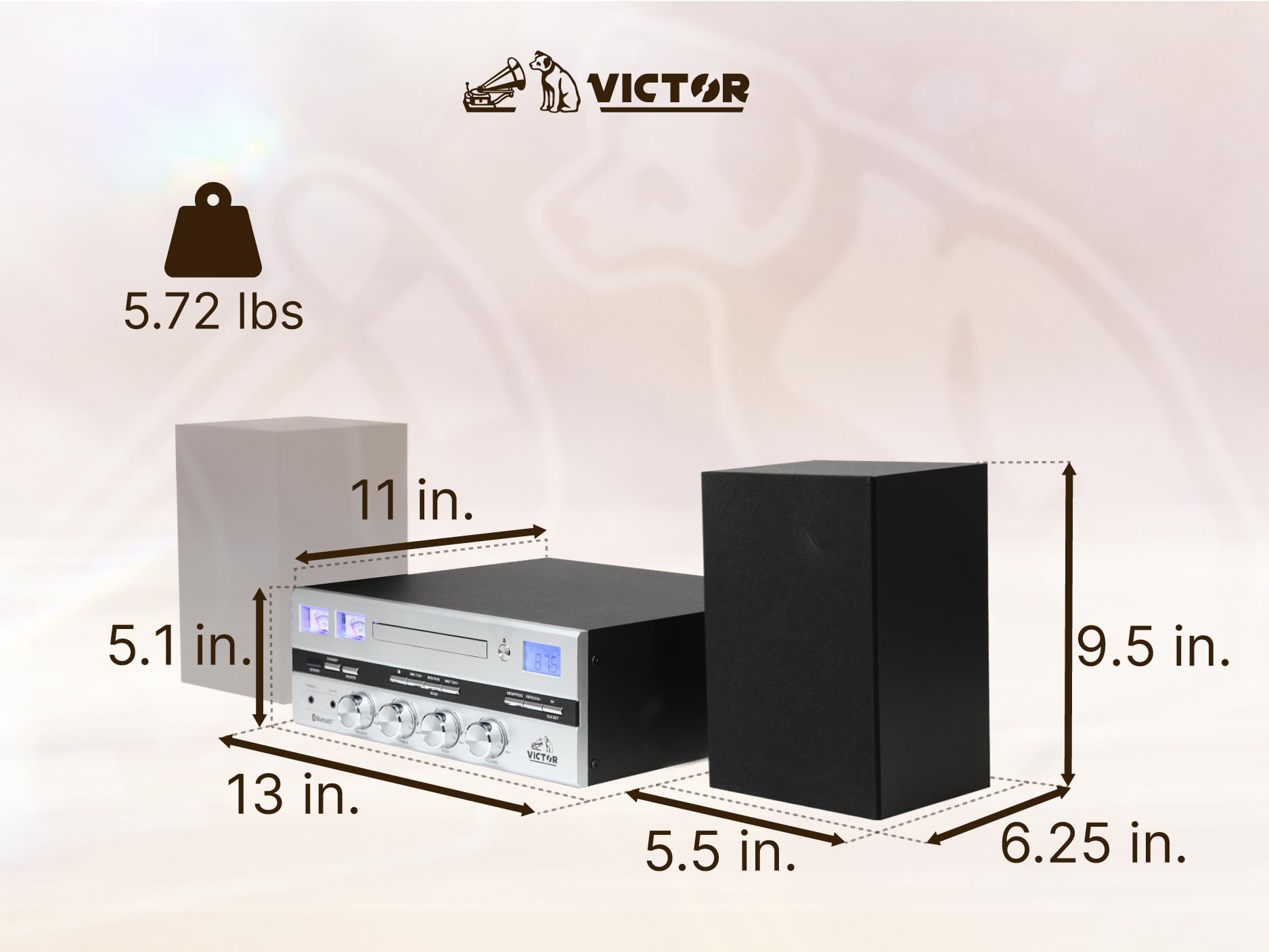 Victor VDTS-4400 Milwaukee 50W Bluetooth Stereo System with CD/MP3 Player, FM Radio, VU Meters & Detachable Speakers - Home Office Audio System for Music Lovers & Workspace Entertainment