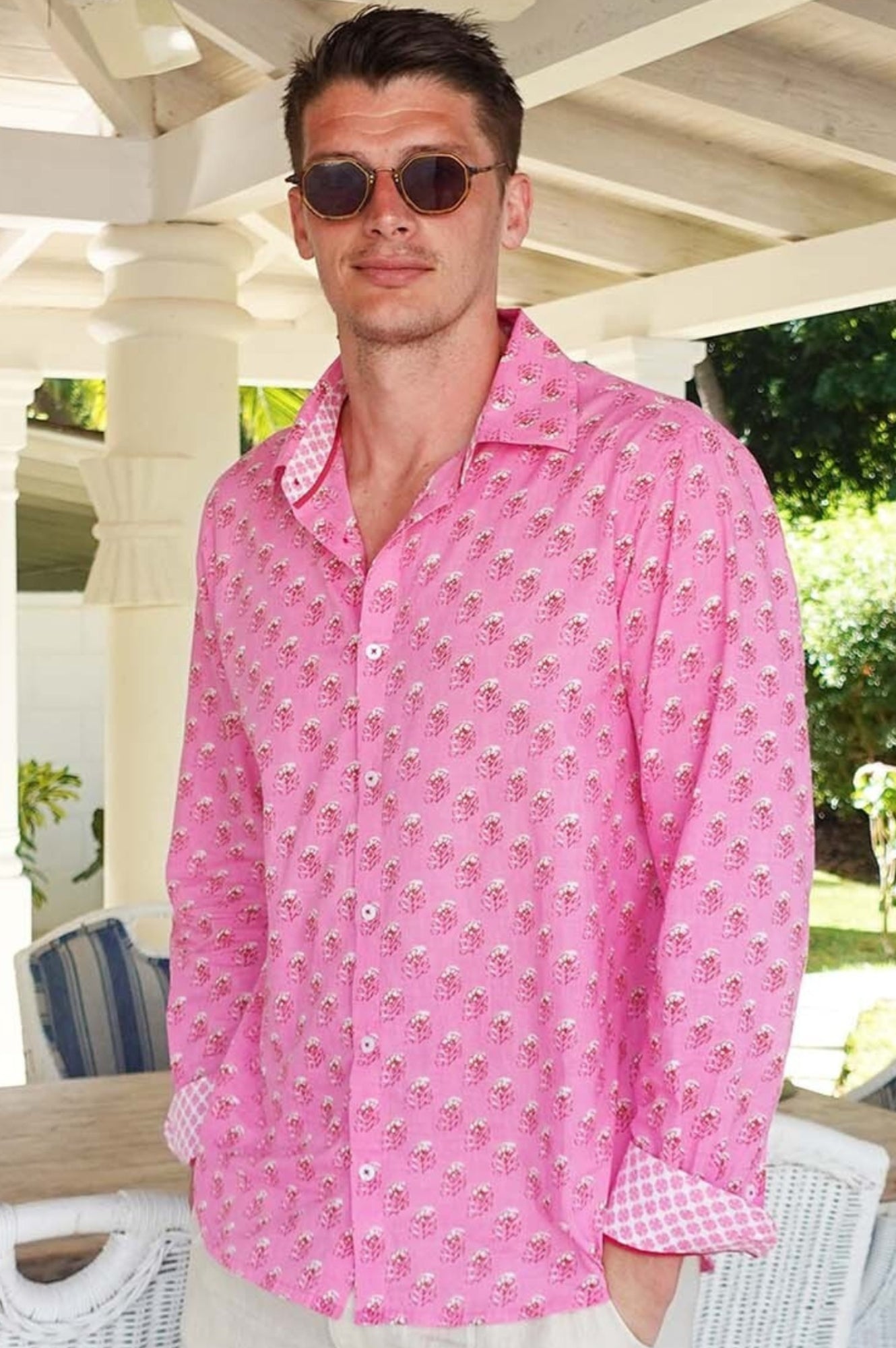 Men's Printed Cotton Shirt - Stylish Periwinkle Pink & Rust Floral Design | Casual Wear for Summer Outings & Beach Vacations