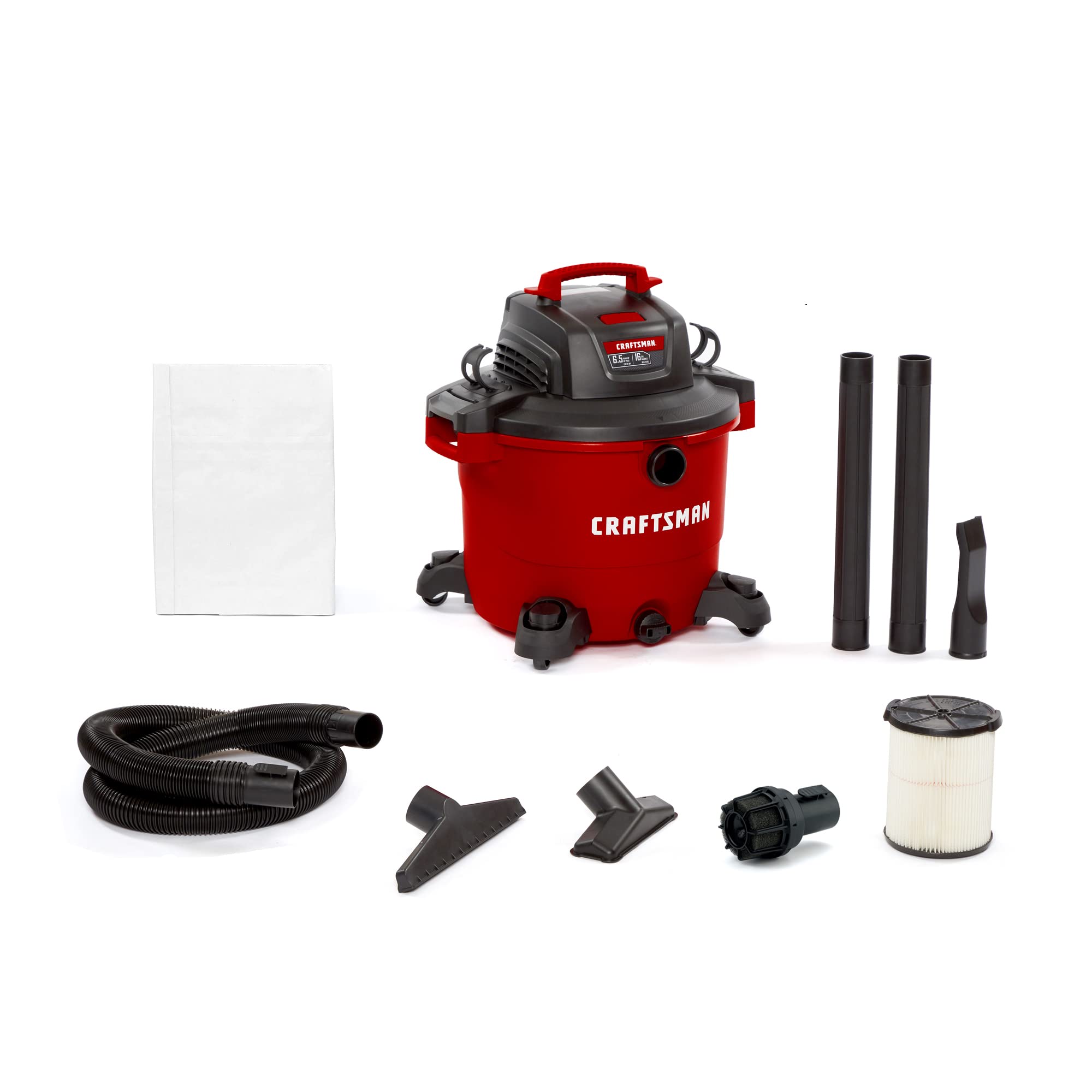 CRAFTSMAN CMXEVBE18695 16 Gallon 6.5 Peak HP Heavy Duty Wet Dry Vacuum Cleaner with Filter, Muffler, Dust Bag & Attachments - Powerful Shop Vac for Home Renovation, Workshop Cleaning & DIY Projects