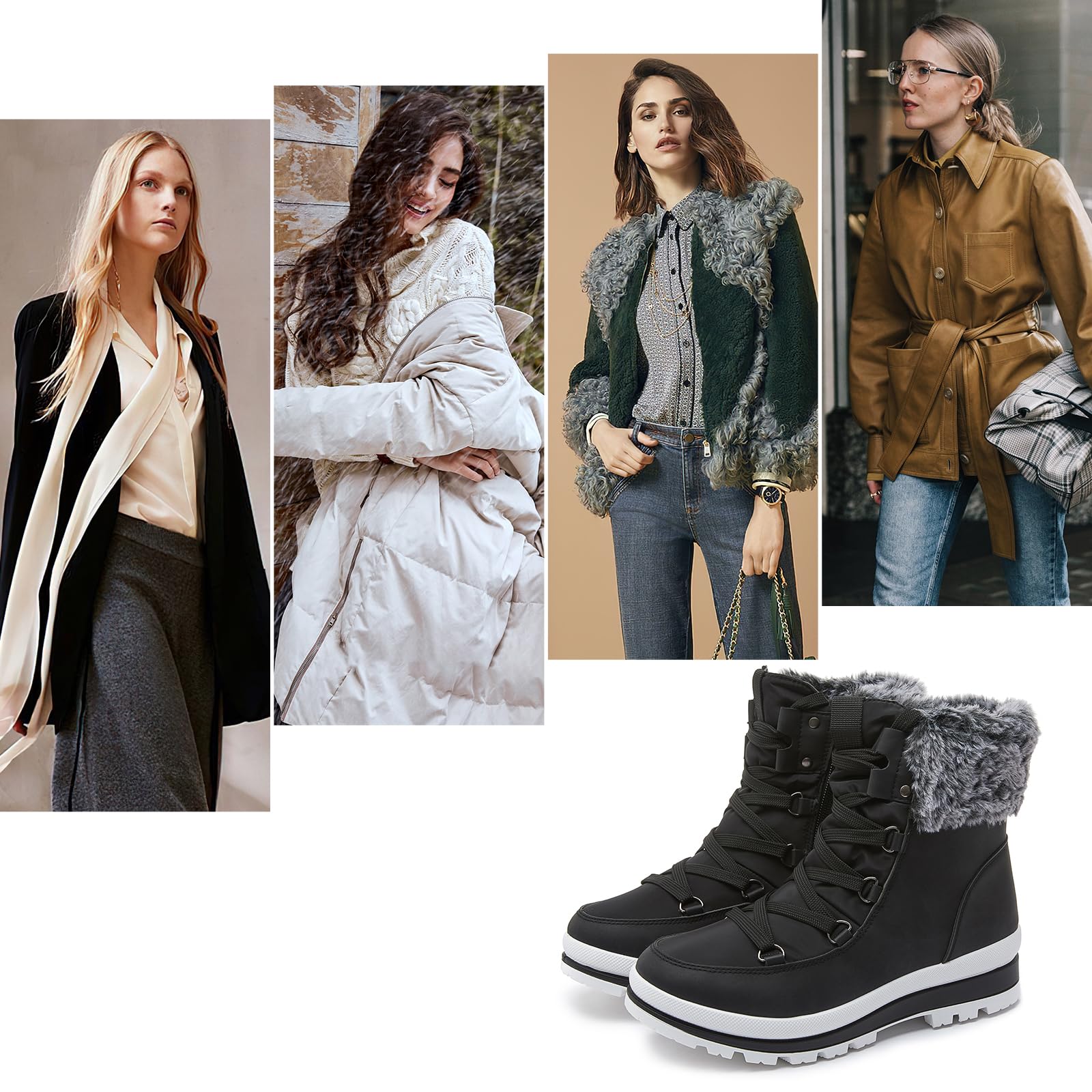 Women's Fuzzy Mid-Calf Snow Boots - Waterproof Winter Combat Boots with Non-Slip Sole & Zipper Closure (Black/White) | Perfect for Snowy Days, Outdoor Adventures & Casual Winter Fashion