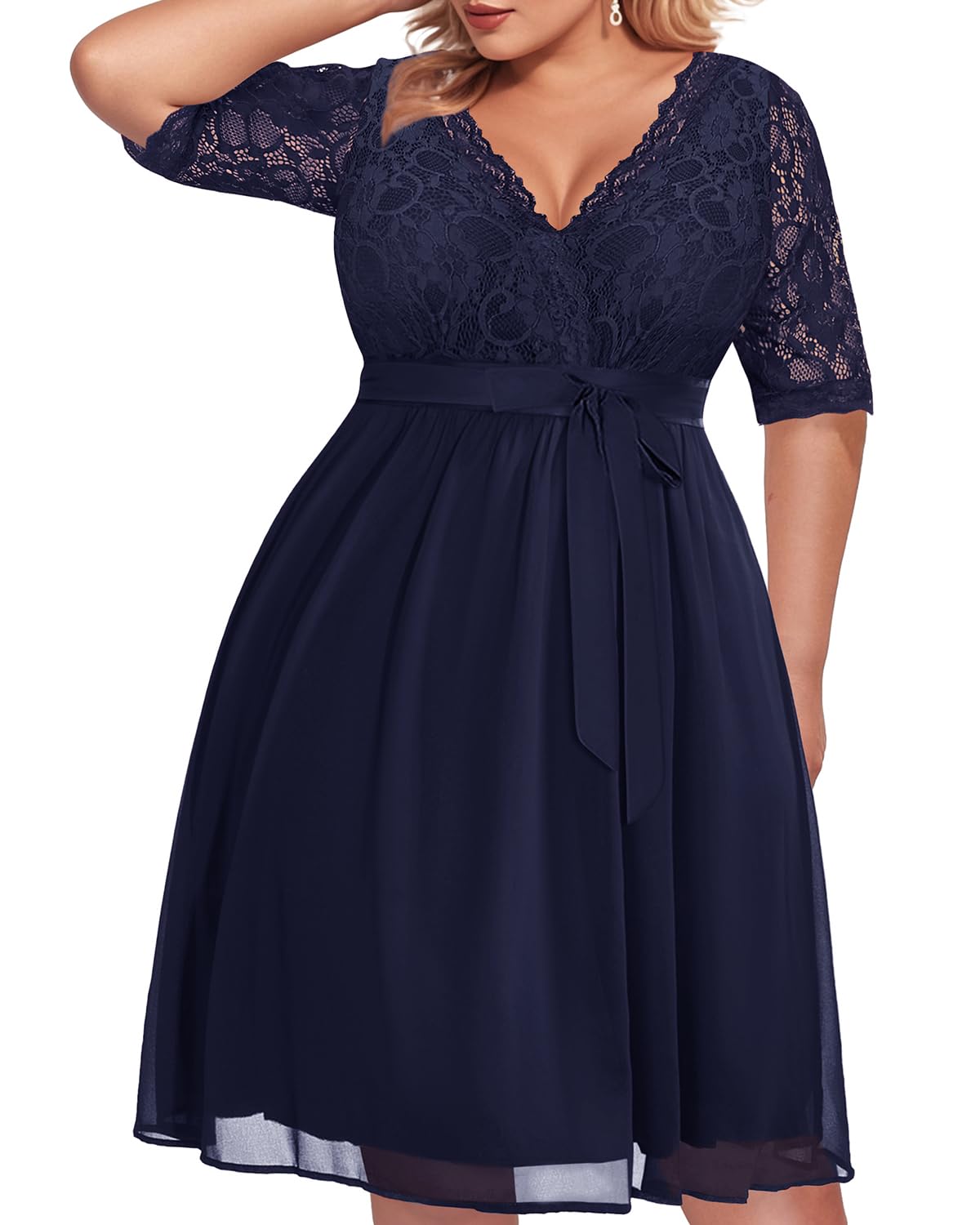 Plus Size Lace Chiffon Wrap V-Neck Midi Dress for Women - Elegant Cocktail & Wedding Guest Dress - Perfect for Parties, Date Nights & Special Occasions