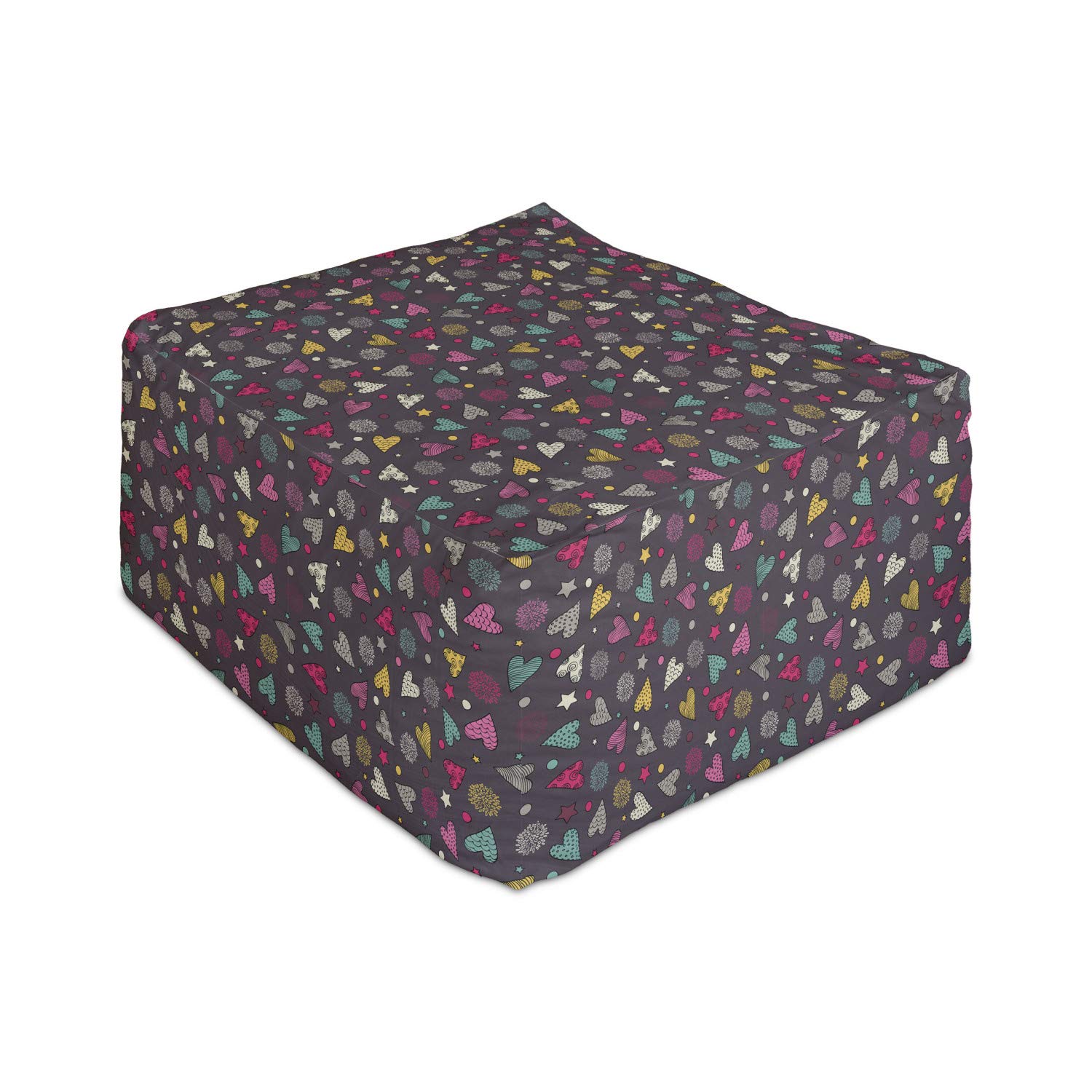 Ambesonne Hearts Rectangle Pouf Ottoman - Hand Drawn Romantic Floral Star Design Footrest Stool with Removable Cover, 25