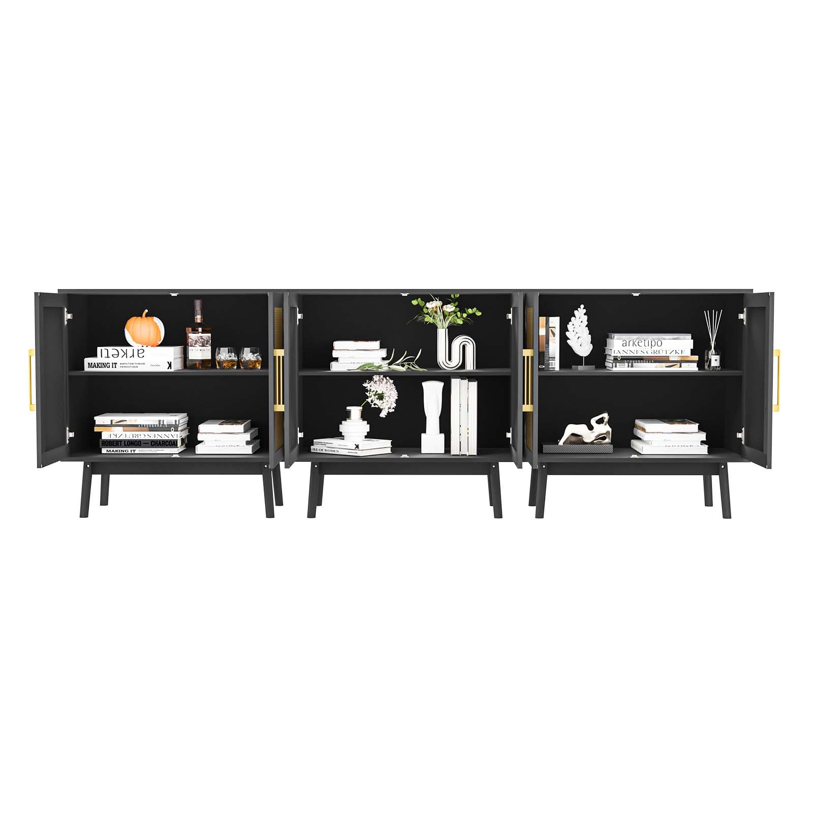 LYNSOM 3-Piece Wooden Sideboard Buffet Cabinet with Rattan Doors - Long Storage Cupboard Console Table for Hallway, Entryway & Living Room - Black Modern Farmhouse Decor for Dining Room & Home Organization