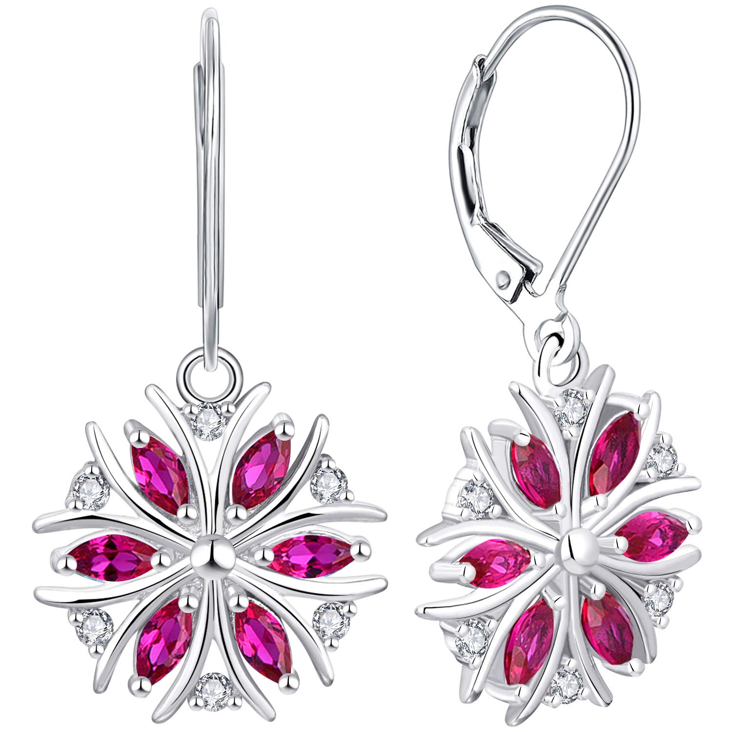 YL Sterling Silver Snowflake Dangle Earrings with Birthstone - Elegant Drop Leverback Jewelry for Women - Perfect for Christmas, Winter Parties & Holiday Gifts