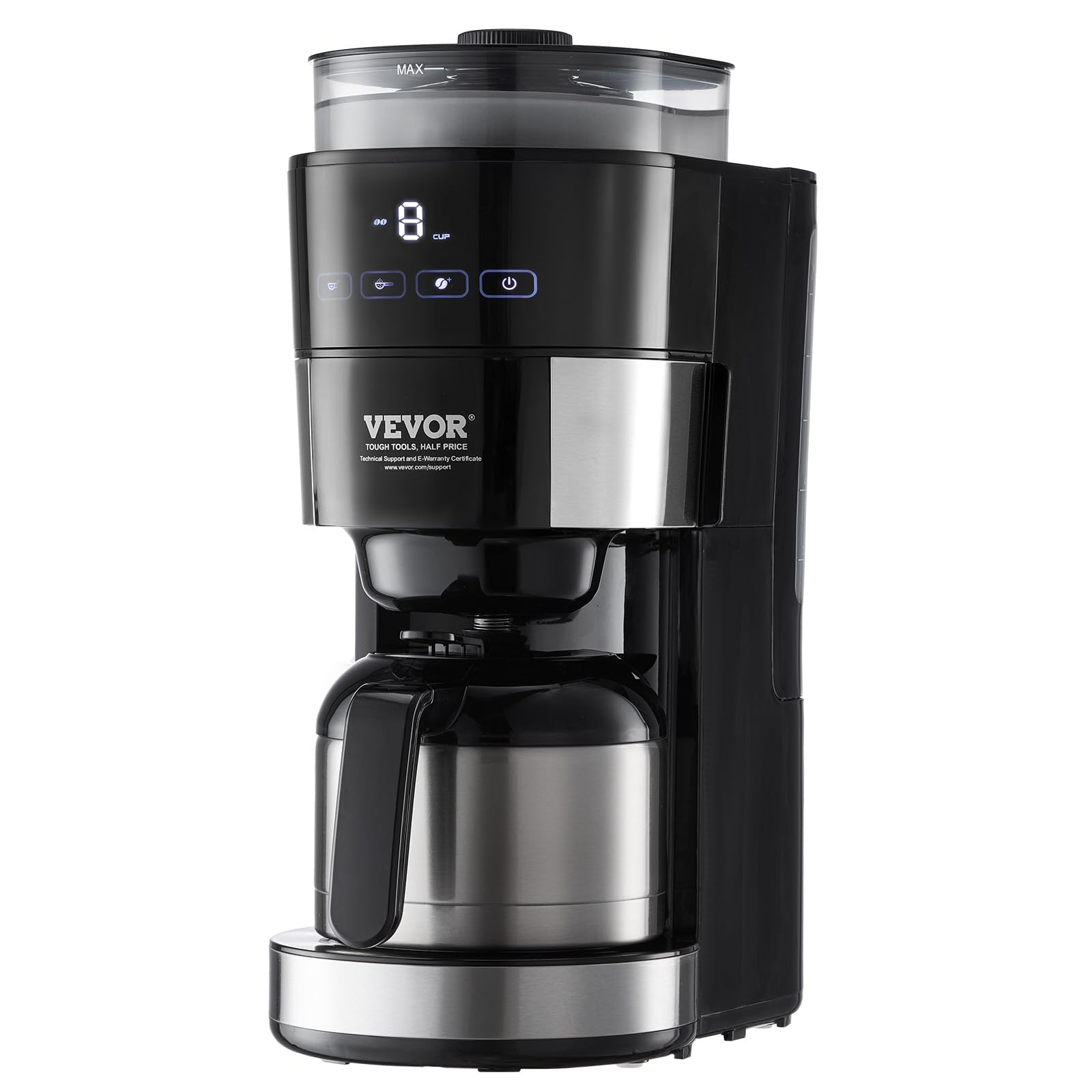VEVOR 8-Cup Programmable Coffee Maker with Built-in Grinder - 3 Brew Strength Control, Reusable Filter & Removable Water Tank - Perfect for Home, Office & Restaurant Use - Freshly Ground Coffee Anytime