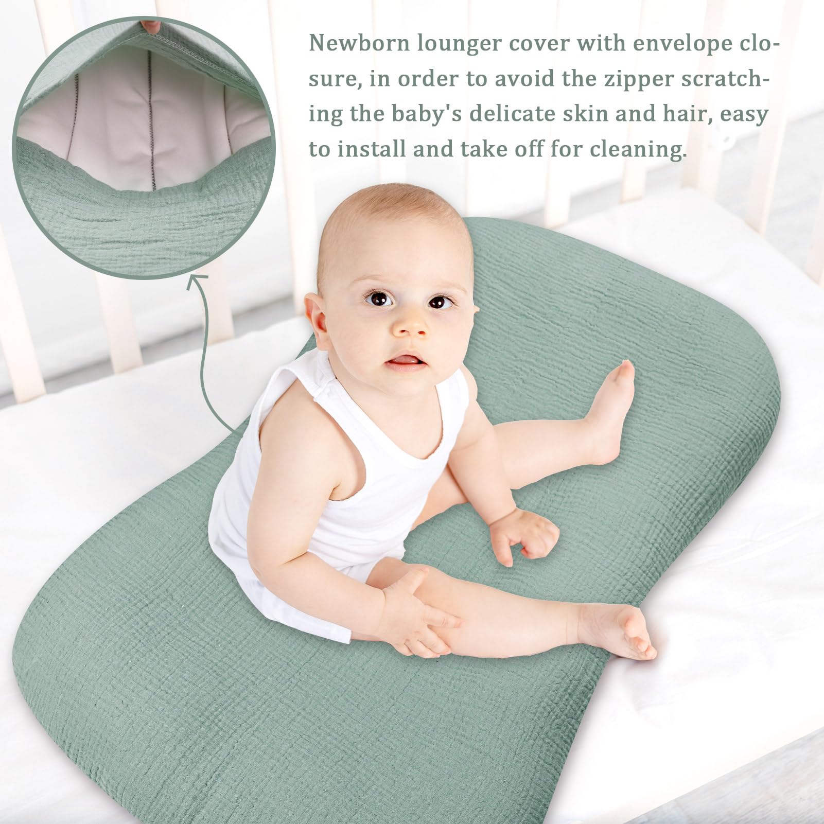 Hooyax 2-Pack Organic Muslin Baby Lounger Cover - Removable Padded Slipcover for Newborns & Infants, Soft Floor Seat Covers for Boys & Girls (Light Green & Leaf) | Perfect for Nursery, Playtime & Travel