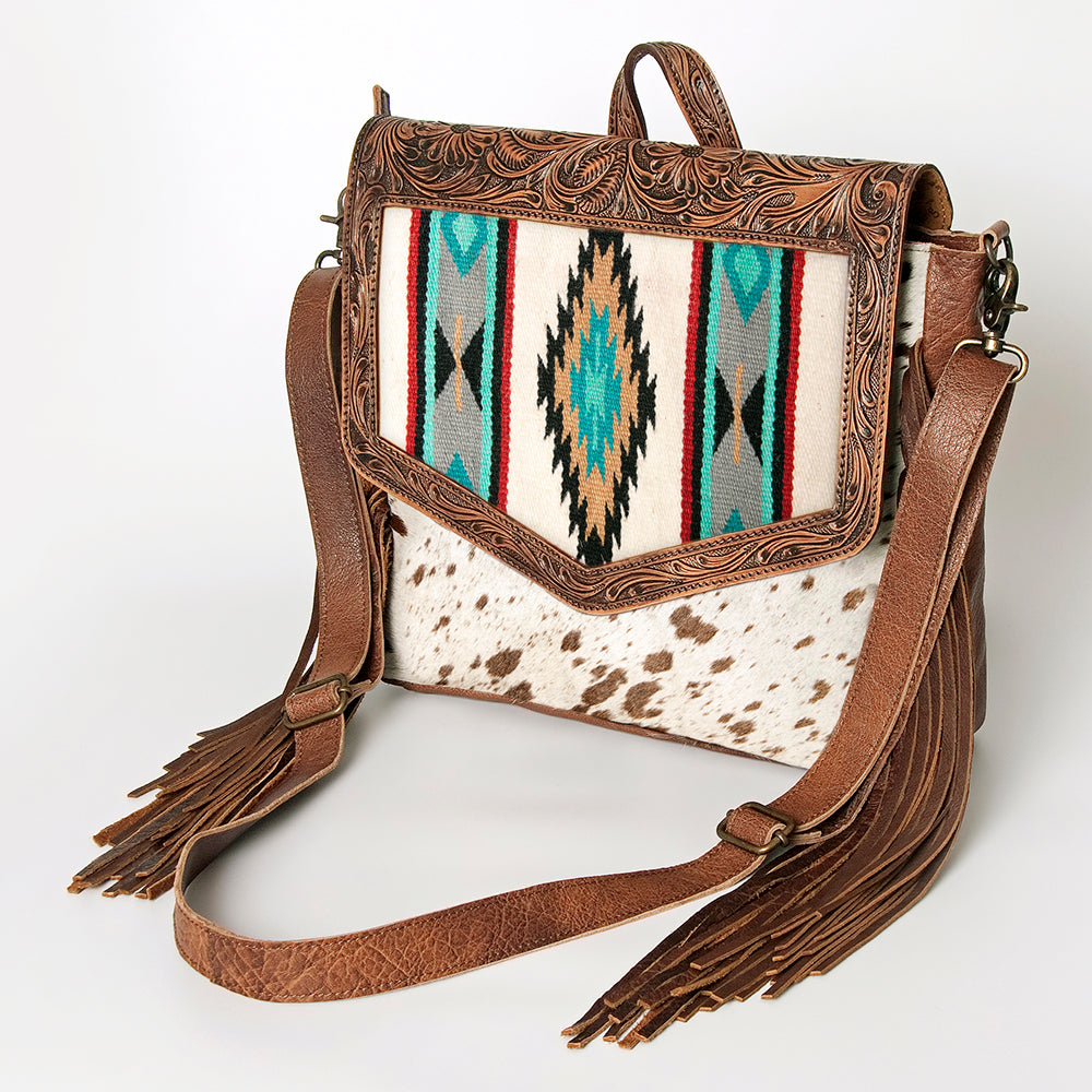 American Darling Hand Tooled Genuine Leather Western Handbag with Hair On Saddle Blanket Design - Stylish Women's Purse for Cowgirl Fashion, Rodeo Events and Western Outfits