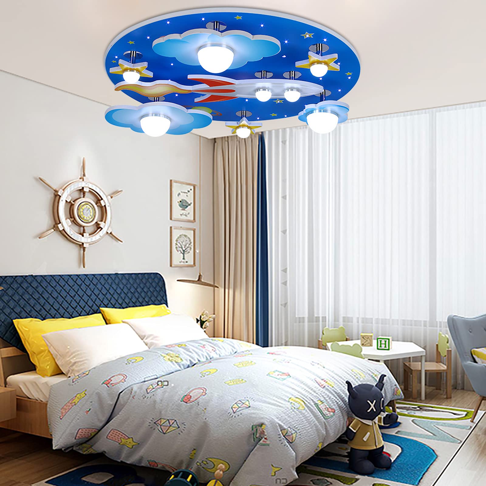 Modern LED Chandelier for Boys Room - Blue Creative Flush Mount Ceiling Light with Cartoon Cloud, Plane & Star Design - 8-Light Kids Bedroom Lighting Fixture - Perfect for Children's Bedroom, Playroom & Nursery Decor