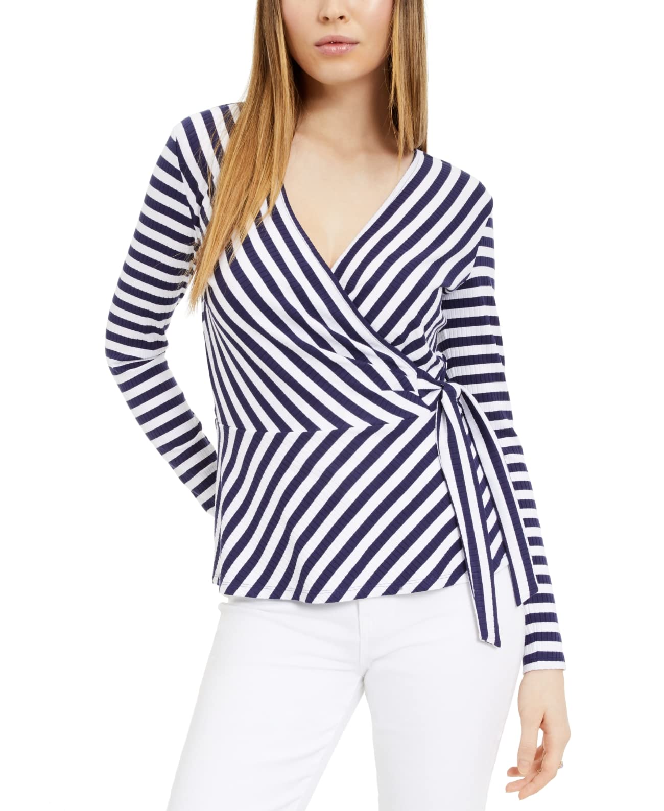 Maison Jules Women's Striped Wrap Knit Top - Casual Long Sleeve V-Neck Shirt for Fall & Winter | Perfect for Office, Date Night & Weekend Outfits