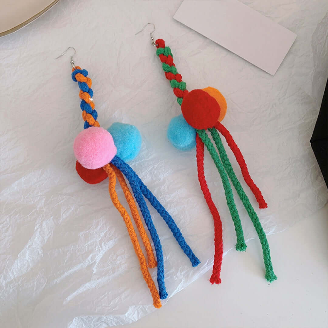 Rainbow Knit Tassel Drop Earrings for Women | Long Bohemian Dangle Earrings | Handmade Yarn Statement Jewelry | Perfect for Festivals, Parties, and Boho Fashion Accessories