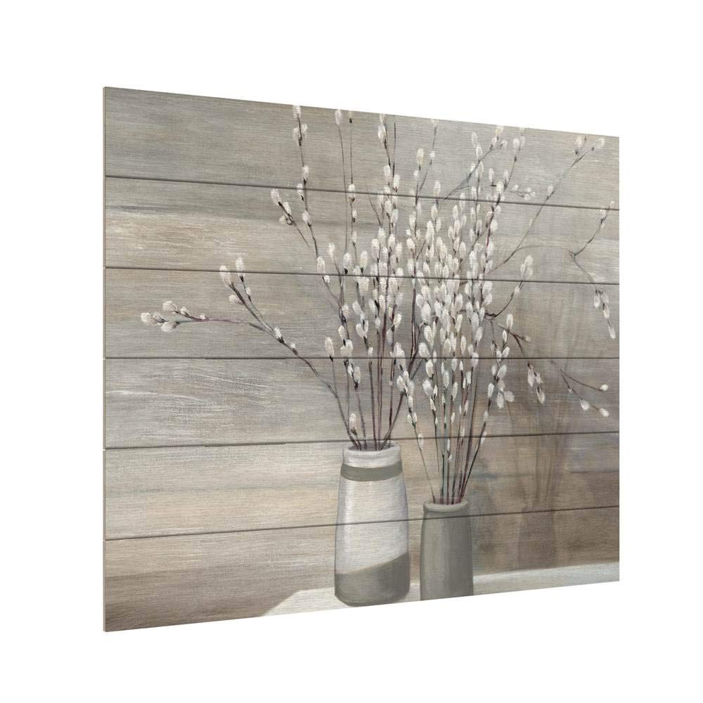Julia Purinton Pussy Willow Still Life Art Print 18x22 - Gray Pots & Wood Slats Multi-Color Wall Decor | Perfect for Living Room, Bedroom & Office