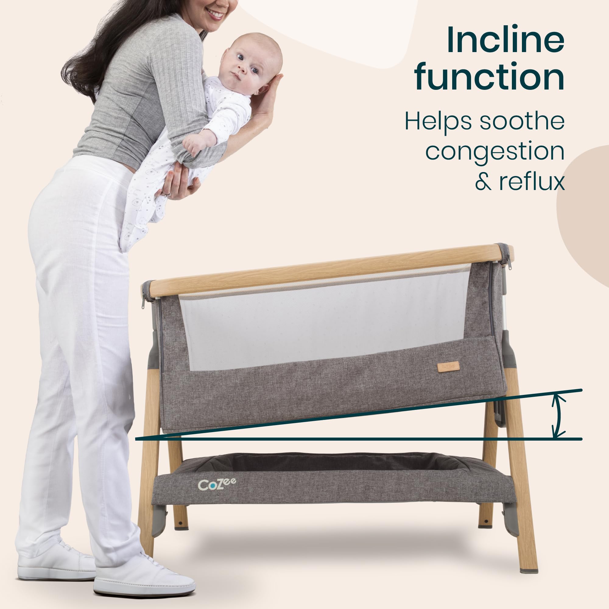 Tutti Bambini CoZee® Next to Me Crib & Standalone Baby Cot - Adjustable 6-Level Folding Co-Sleeper Bedside Crib with Mattress (0-6 Months) - Oak & Charcoal | Perfect for Nursery, Bedroom Co-Sleeping & Travel