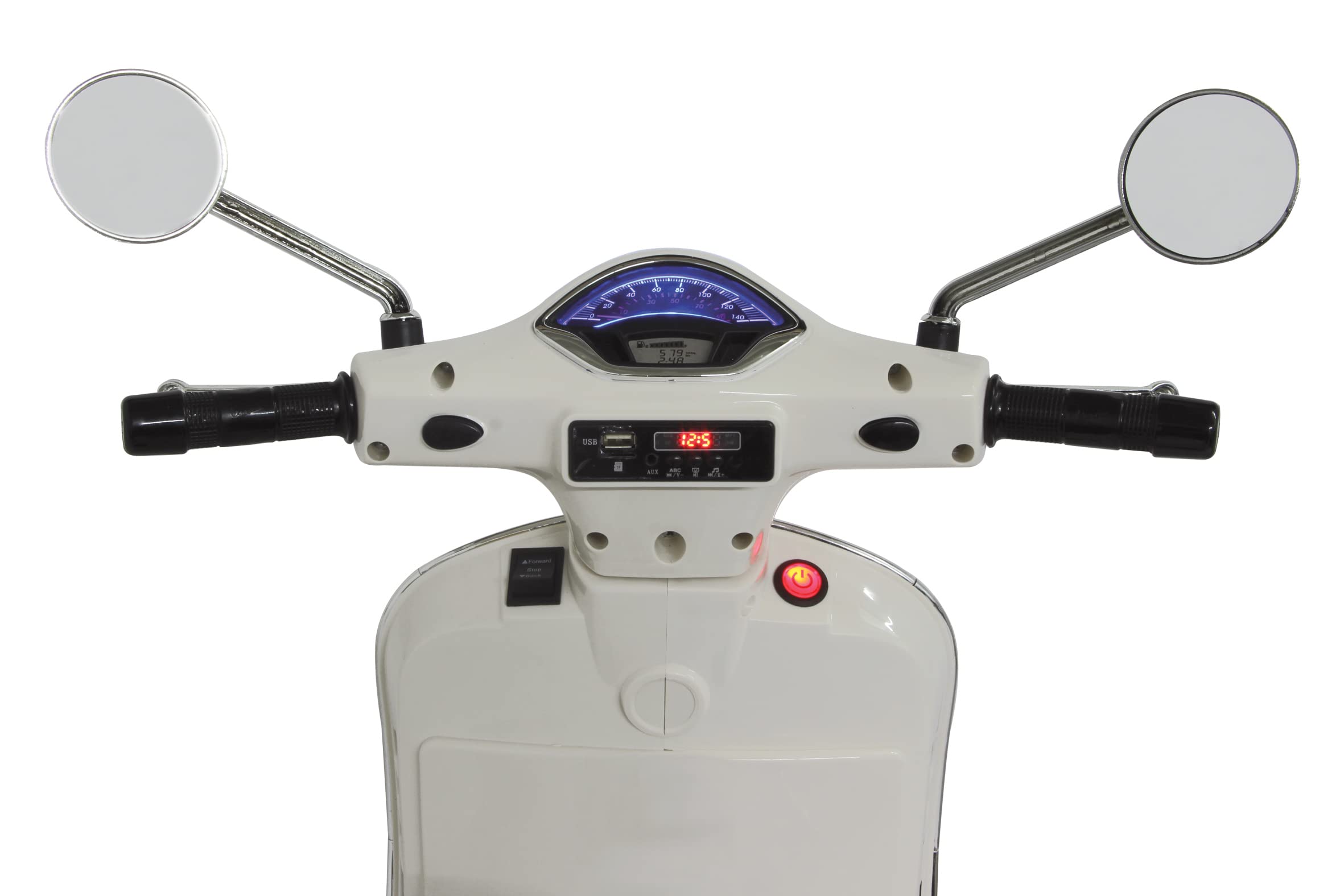 Jamara 460346 - 12V Kids Ride-On Vespa Scooter with Powerful 500mA Battery, LED Headlight, SD/AUX/USB Ports & Ultra-Grip Wheels – Perfect for Indoor & Outdoor Play, Birthday Gifts for Boys & Girls Ages 3-8