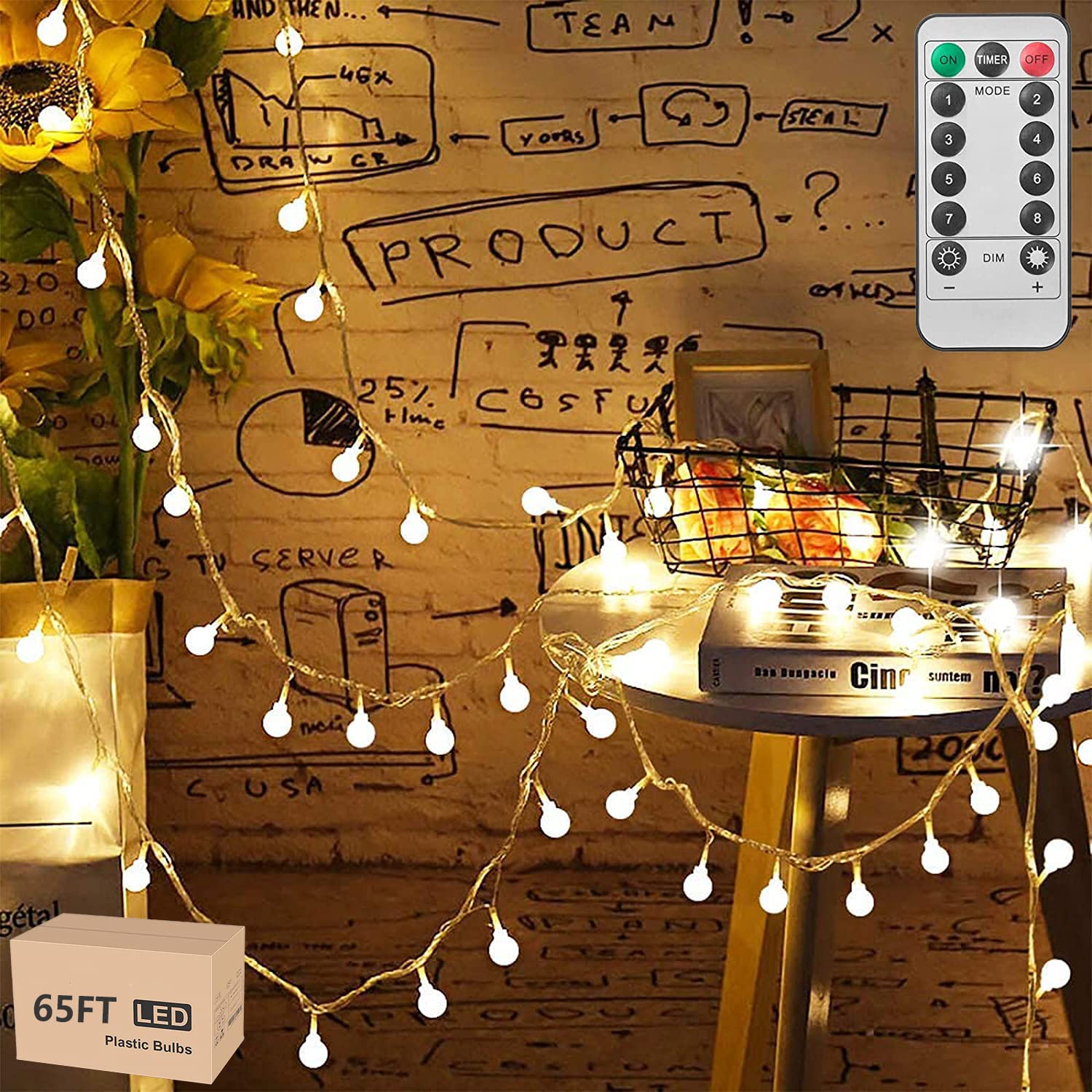 65.6FT 200 LED Globe String Lights with Remote - 8 Lighting Modes Battery Operated Warm White Fairy Lights for Indoor & Outdoor Decor - Perfect for Patio, Bedroom, Garden, Party, Wedding, Classroom & Holiday Decorations