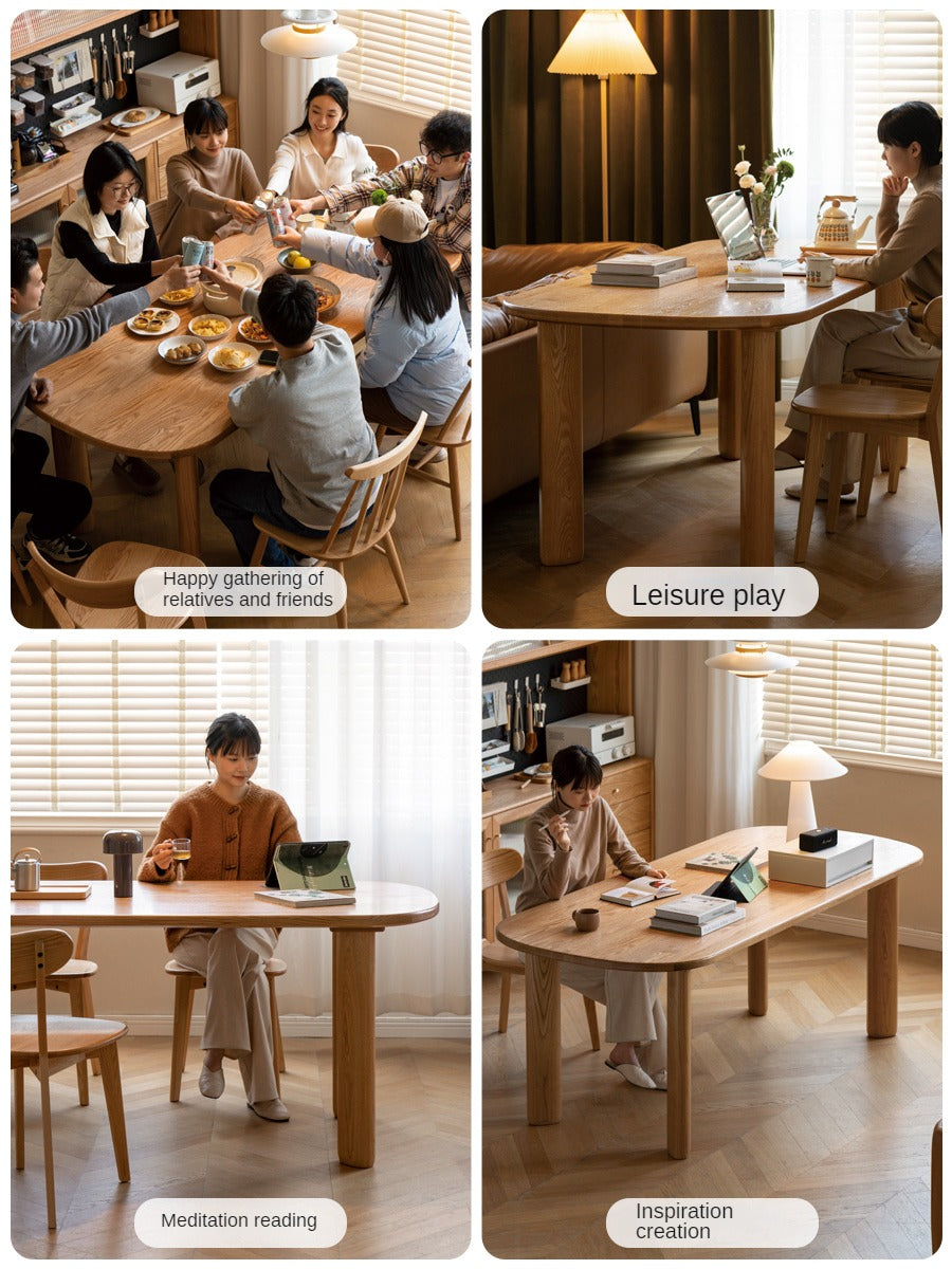 Solid Oak Wood Round Corner Long Dining Table - Rustic Farmhouse Style for Family Gatherings & Dinner Parties