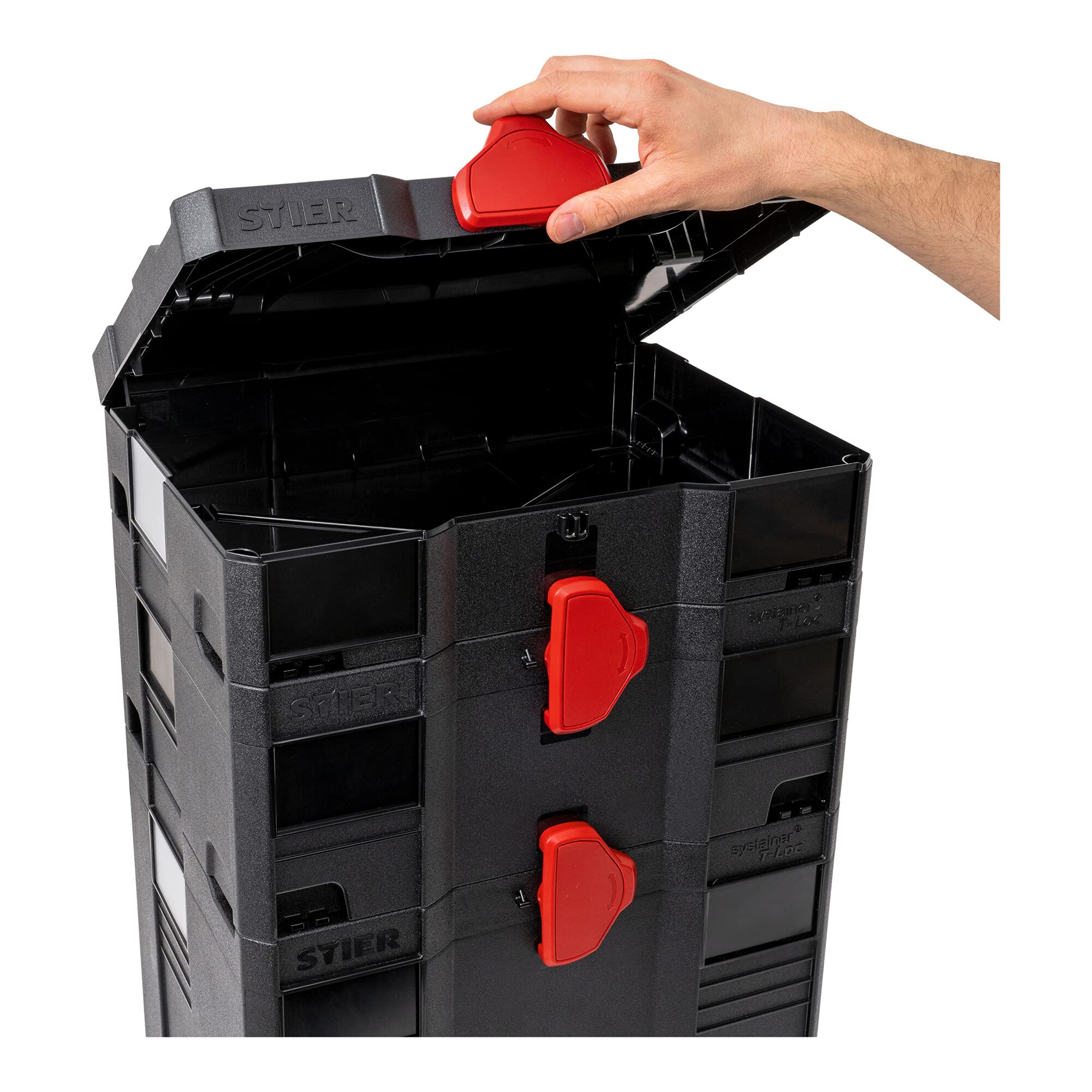 STIER Systainer IV T-LOC Black-Edition Tool Box - Heavy Duty ABS Plastic Storage Case, 315x396x296mm (HxWxD), Stackable System Organizer for Tools & Workshop Supplies | Perfect for Professional Contractors & DIY Home Improvement Projects