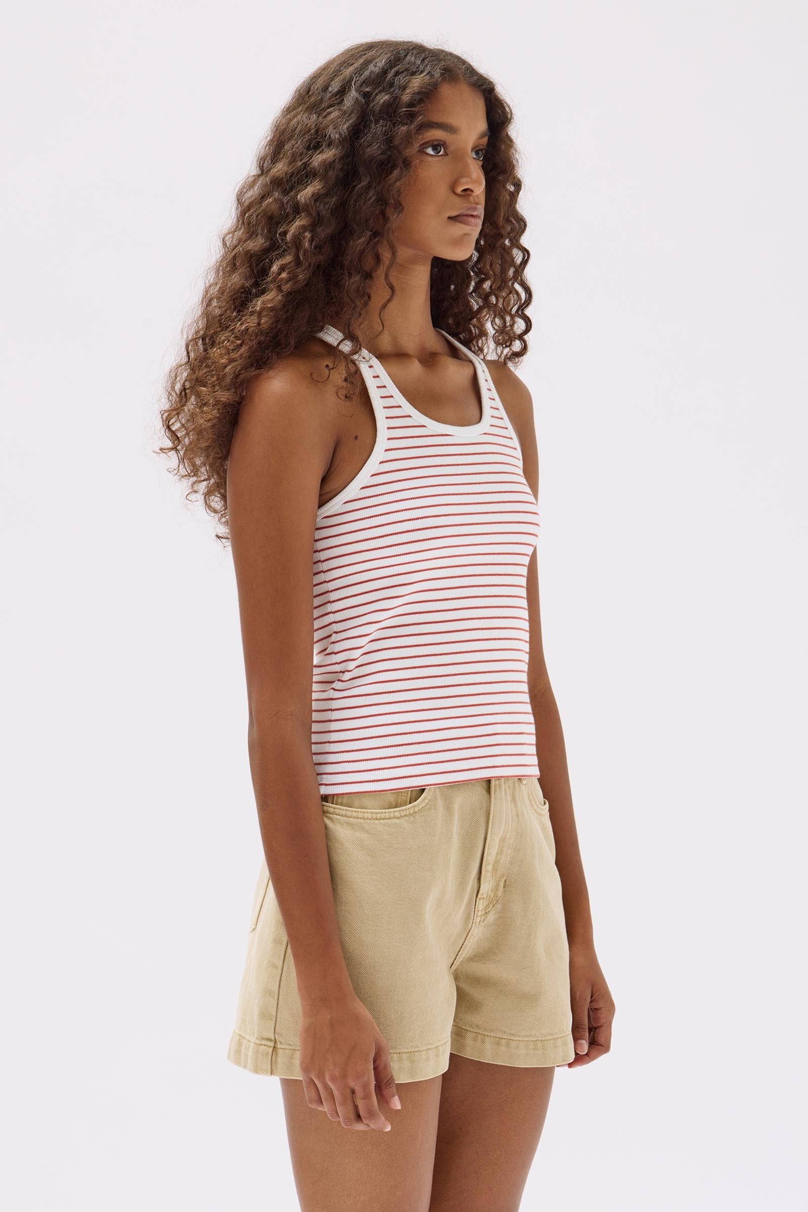 Drew Stripe Rib Tank Top for Women - Soft Cotton Casual Sleeveless Shirt in Papaya White | Perfect for Summer Outfits, Beach Wear, and Layering