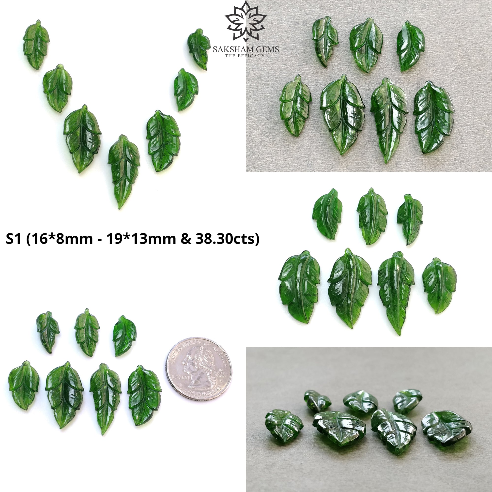 Natural Green Chrome Diopside Gemstone Carving - Hand Carved Leaf Design on Both Sides (7pcs Set) - Perfect for Jewelry Making, Crystal Healing & Spiritual Decor
