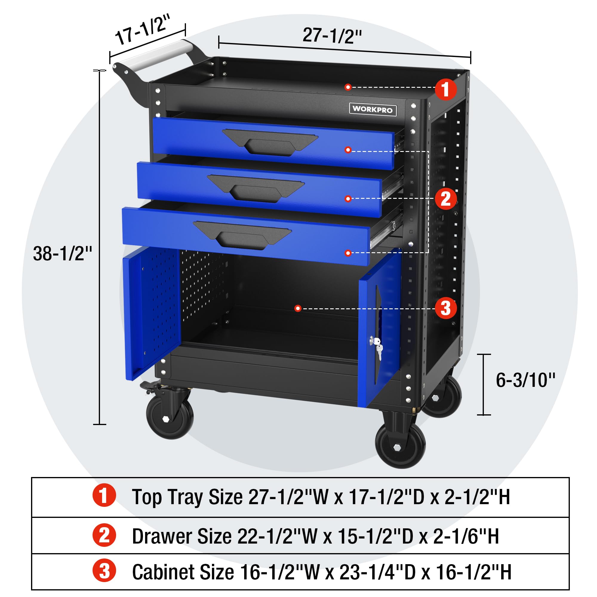 WORKPRO 27.5 Inch 3-Drawer Rolling Tool Chest with Wheels - Heavy Duty Steel Tool Cabinet with Drawers, Liners & Locking System - Portable Tool Storage for Garage, Workshop, Warehouse & Home Use (Black & Blue)