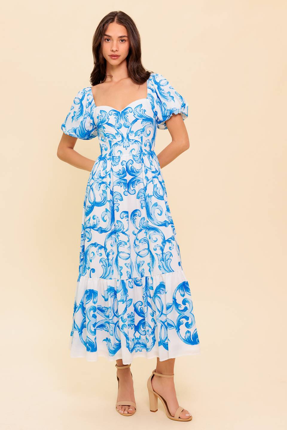 Elegant White & Blue Midi Dress - Flowy A-Line Summer Dress for Women | Perfect for Weddings, Parties & Casual Outings