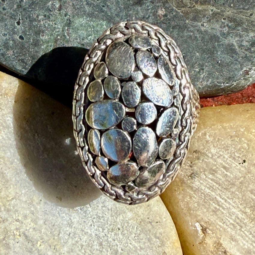 Sterling Silver Pebble & Flower Ring for Women - Size 9.5 - Elegant Nature-Inspired Jewelry for Everyday Wear, Date Nights & Special Occasions