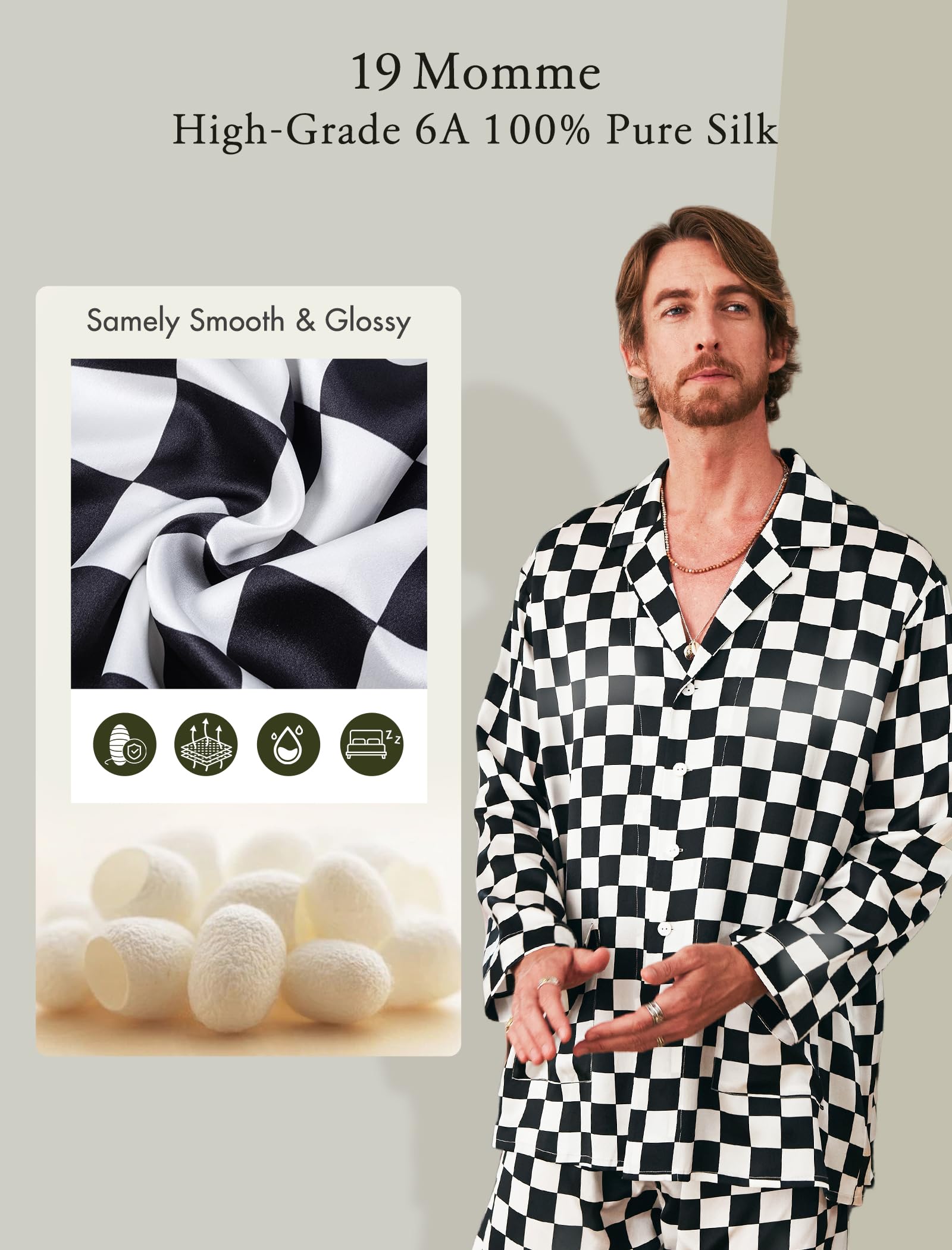 Luxury Silk Pajamas Set for Men - 2PC Long Sleeve Button-Down Sleepwear - Soft & Breathable Silk PJs for Comfortable Nightwear - Perfect for Lounging, Sleep & Relaxation at Home