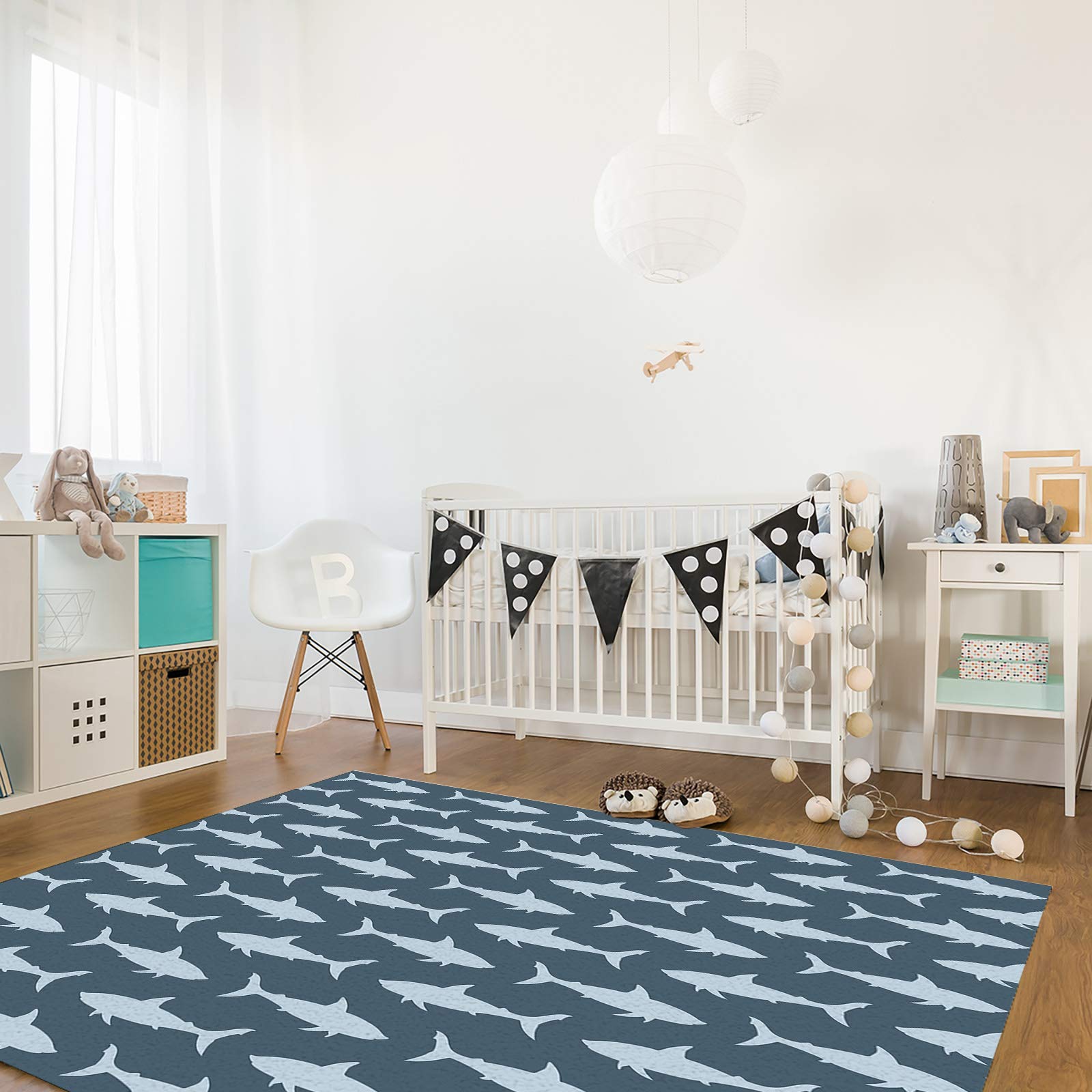 3'x5' Large Non-Slip Area Rug with Shark Silhouette Design - Blue Ocean Animal Print Carpet for Bedroom, Living Room, Kitchen Runner - Perfect for Coastal Decor, Kids Room & Beach House Floor Covering
