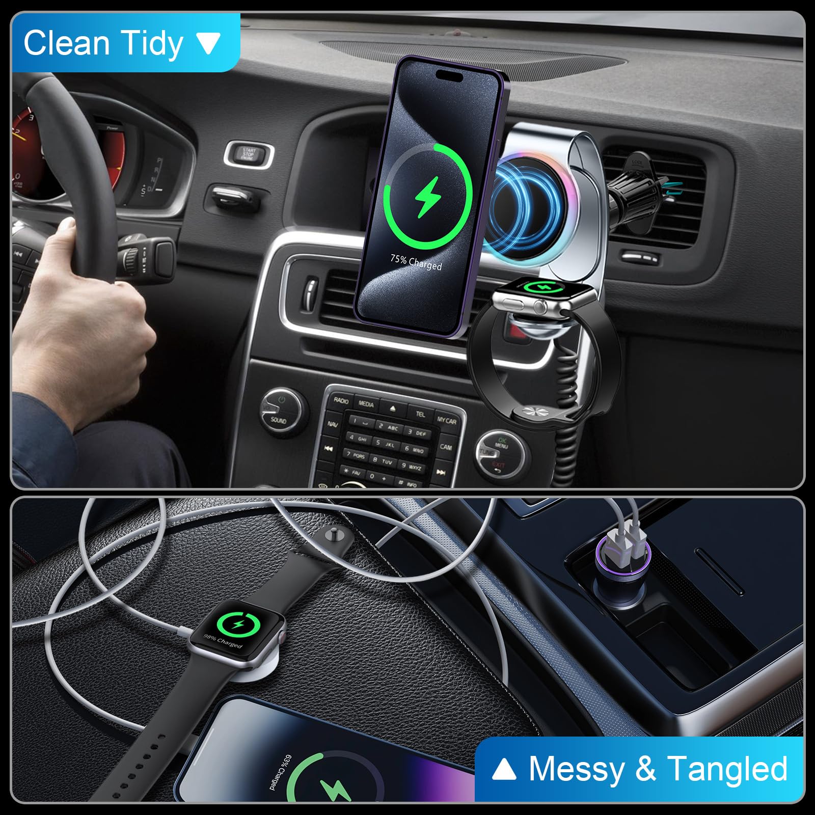 2024 Upgraded 18W Magsafe Car Mount Charger - 2-in-1 Wireless Fast Charging for iPhone 16/15/14/13/Apple Watch (Vent Fit) | Perfect for Commuting, Road Trips & Hands-Free Navigation