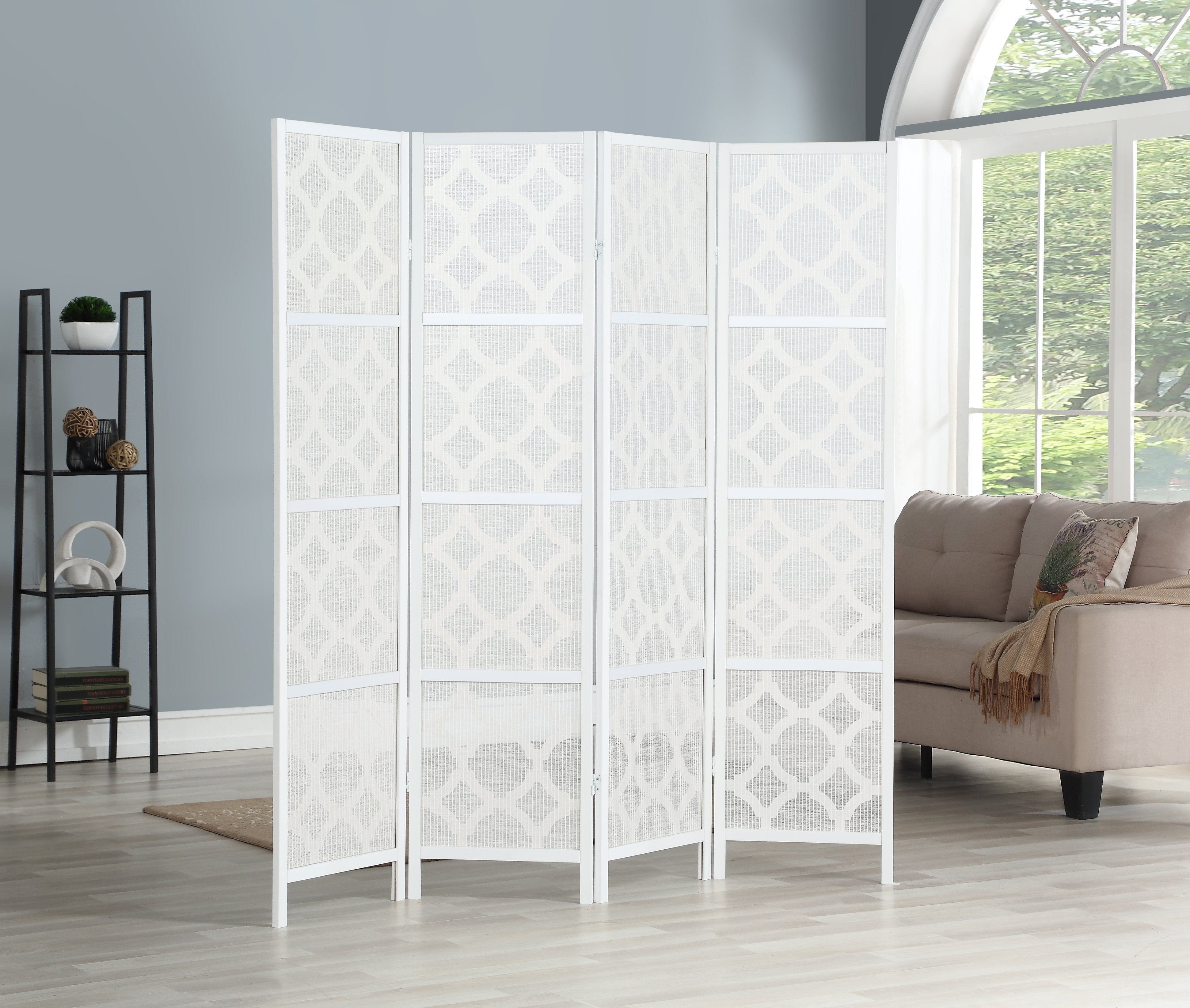 Roundhill Furniture Quarterfoil Diamond Design 4-Panel Room Divider Screen - White Home Decor for Living Room, Bedroom & Office Partition