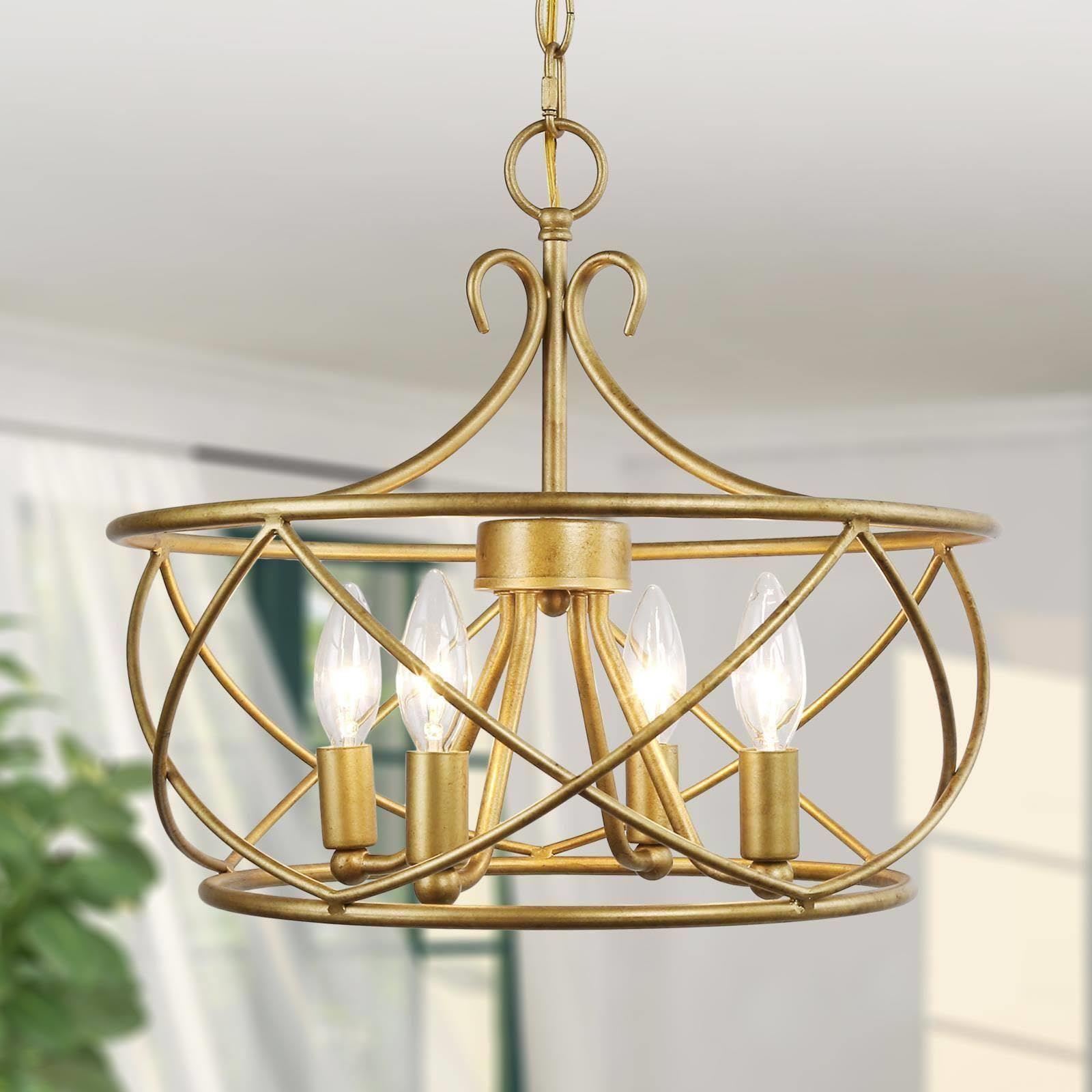 KSANA Antique Gold Chandelier - Modern Drum Ceiling Light Fixture for Dining Room, Living Room, Bedroom, Foyer & Kitchen | Elegant Lighting for Home Decor & Interior Design