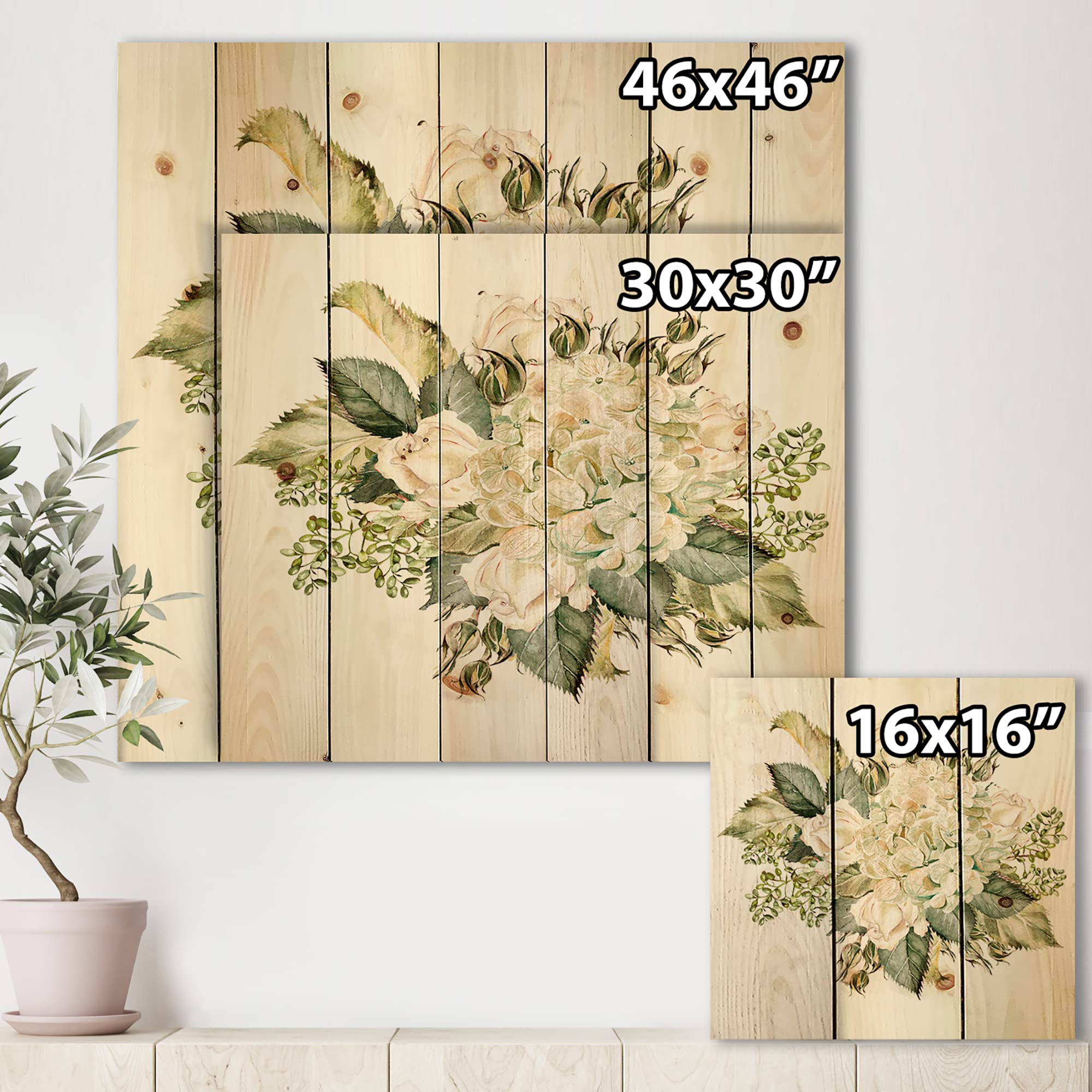 Farmhouse Wood Wall Decor - Large Floral Wood Panel with Hydrangea and Roses, Natural Pine Wood Art, Green Botanical Wall Hanging for Living Room, Bedroom & Home Office Decor