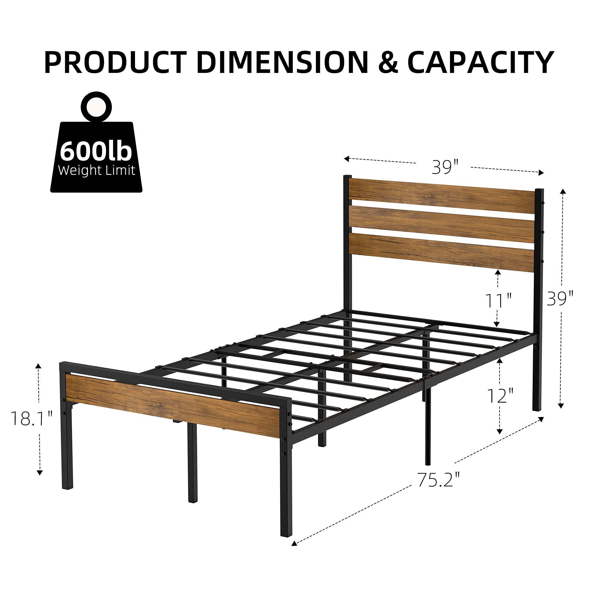 **Twin Bed Frame with Wood Headboard & Metal Slats - Sturdy Platform Bed with Storage, No Box Spring Needed - Perfect for Small Spaces, Guest Rooms & Dormitories**