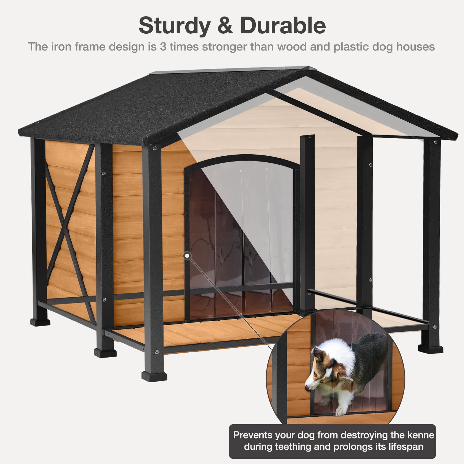 Outdoor Weatherproof Dog House with Insulated Design - Heavy Duty Iron Frame & Fir Wood Construction - Large Size for All Dog Breeds - Perfect for Backyard, Patio, and Garden Use