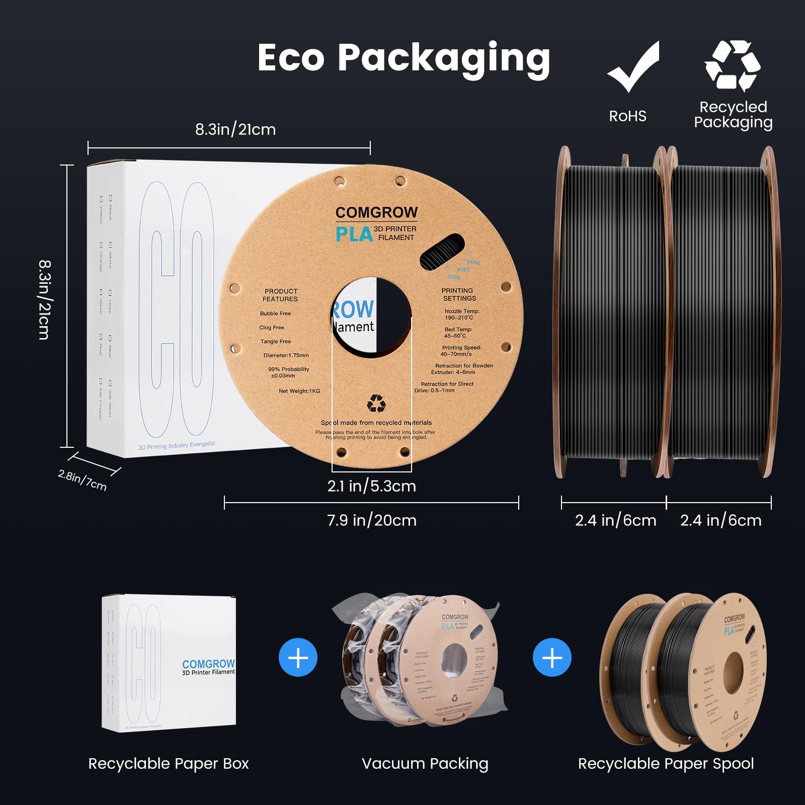 Comgrow PLA 3D Printer Filament 1.75mm Black - 2KG Spool for Smooth 3D Printing | Perfect for DIY Projects, Prototyping & Home Decor Creations