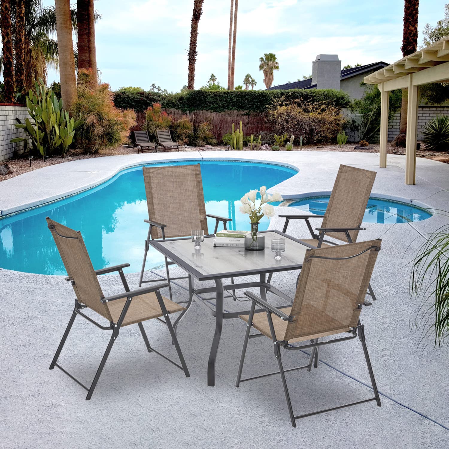 VICLLAX 4-Pack Folding Patio Chairs with Arms - Portable Outdoor Dining Chairs with Sling Back for Garden, Patio, Poolside & Camping - Lightweight & Space-Saving Design for Easy Storage & Transport