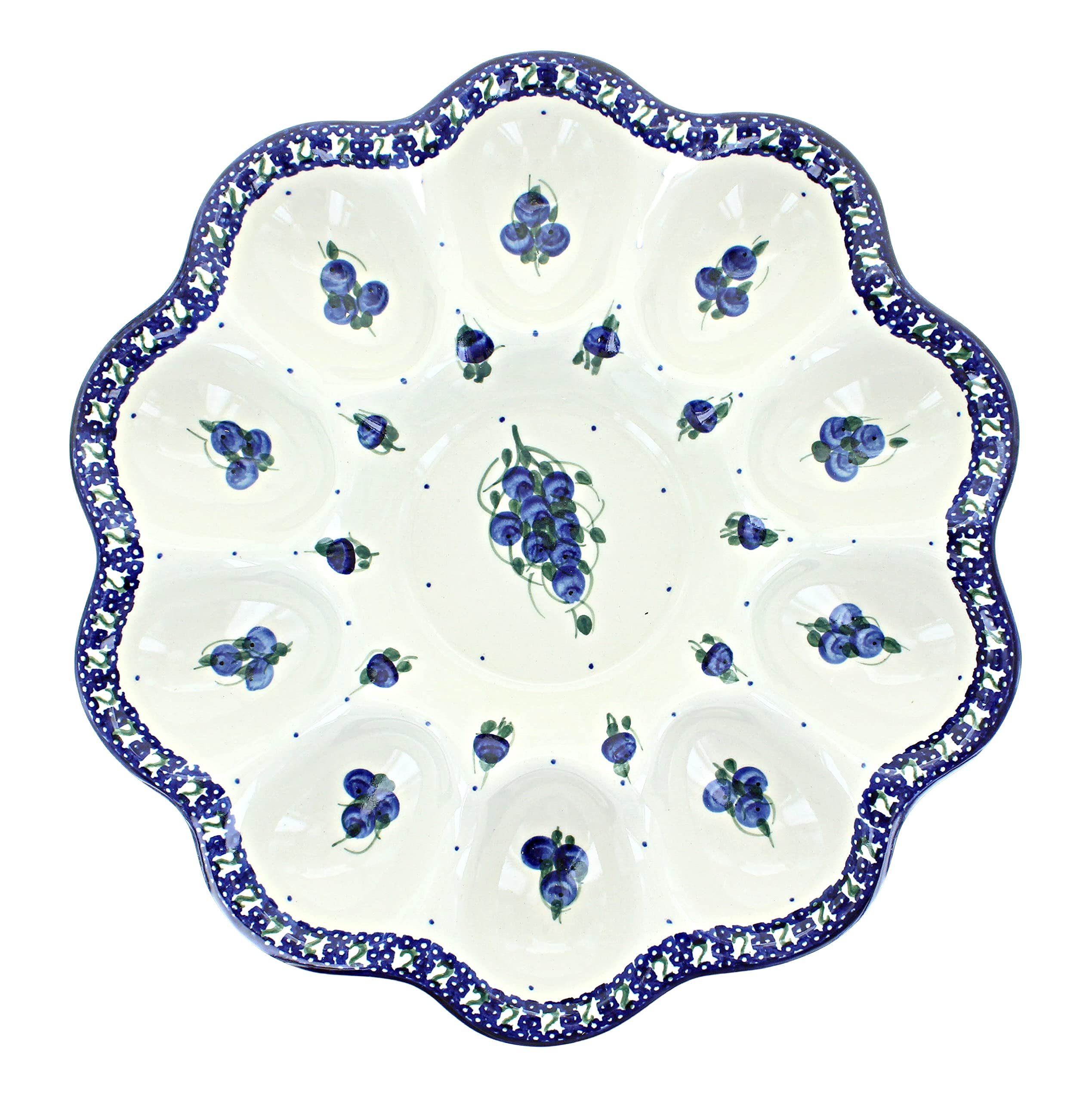 Handmade Blue Rose Polish Pottery Plate - Elegant Blueberry Serving Dish for Backyard Brunch, Picnics & Tea Parties