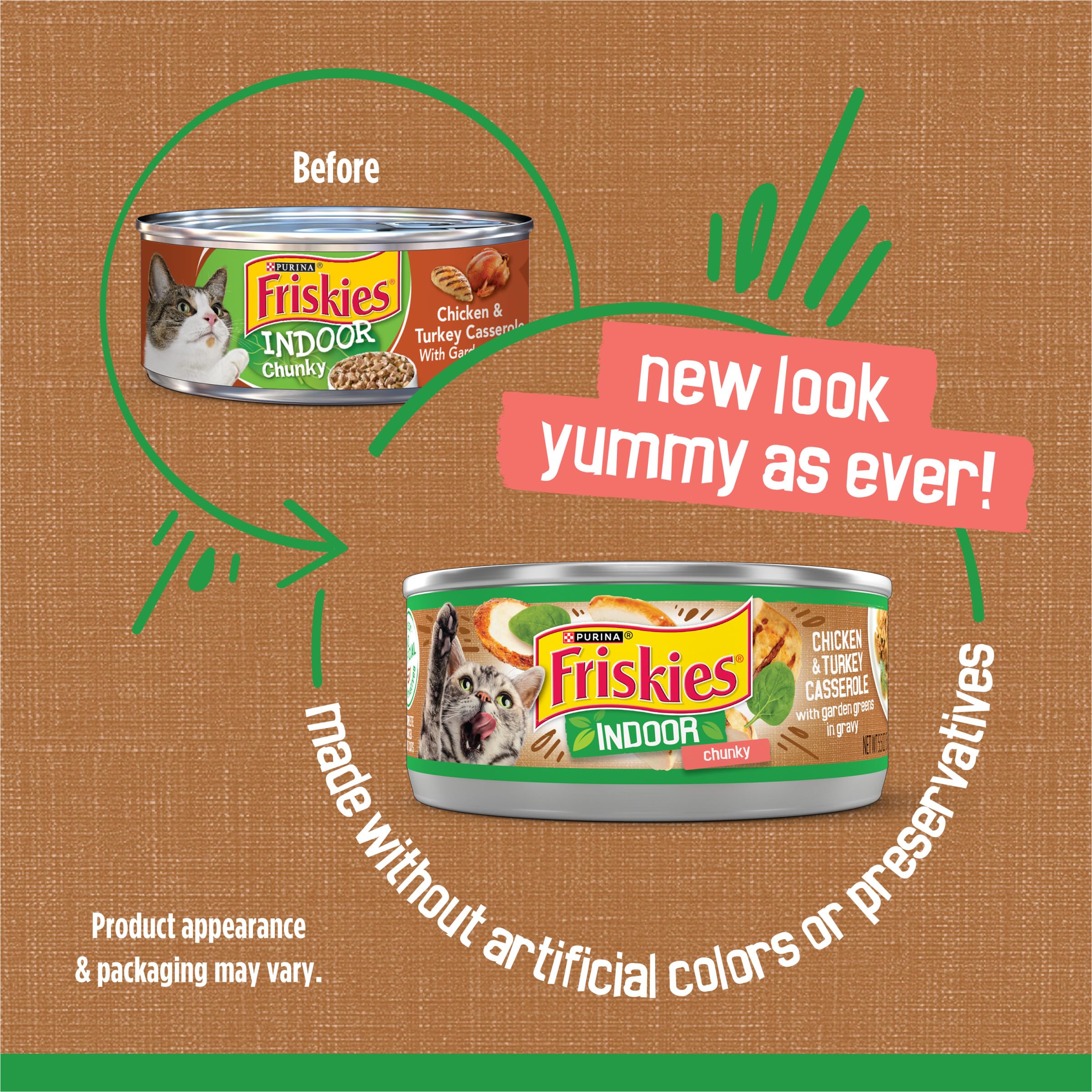 Purina Friskies Indoor Cat Food - Chunky Chicken & Turkey Casserole with Garden Greens in Gravy - 24 Pack (5.5 Oz Cans) - High Protein Wet Cat Food for Adult & Senior Cats - Perfect for Indoor Cats with Sensitive Stomachs