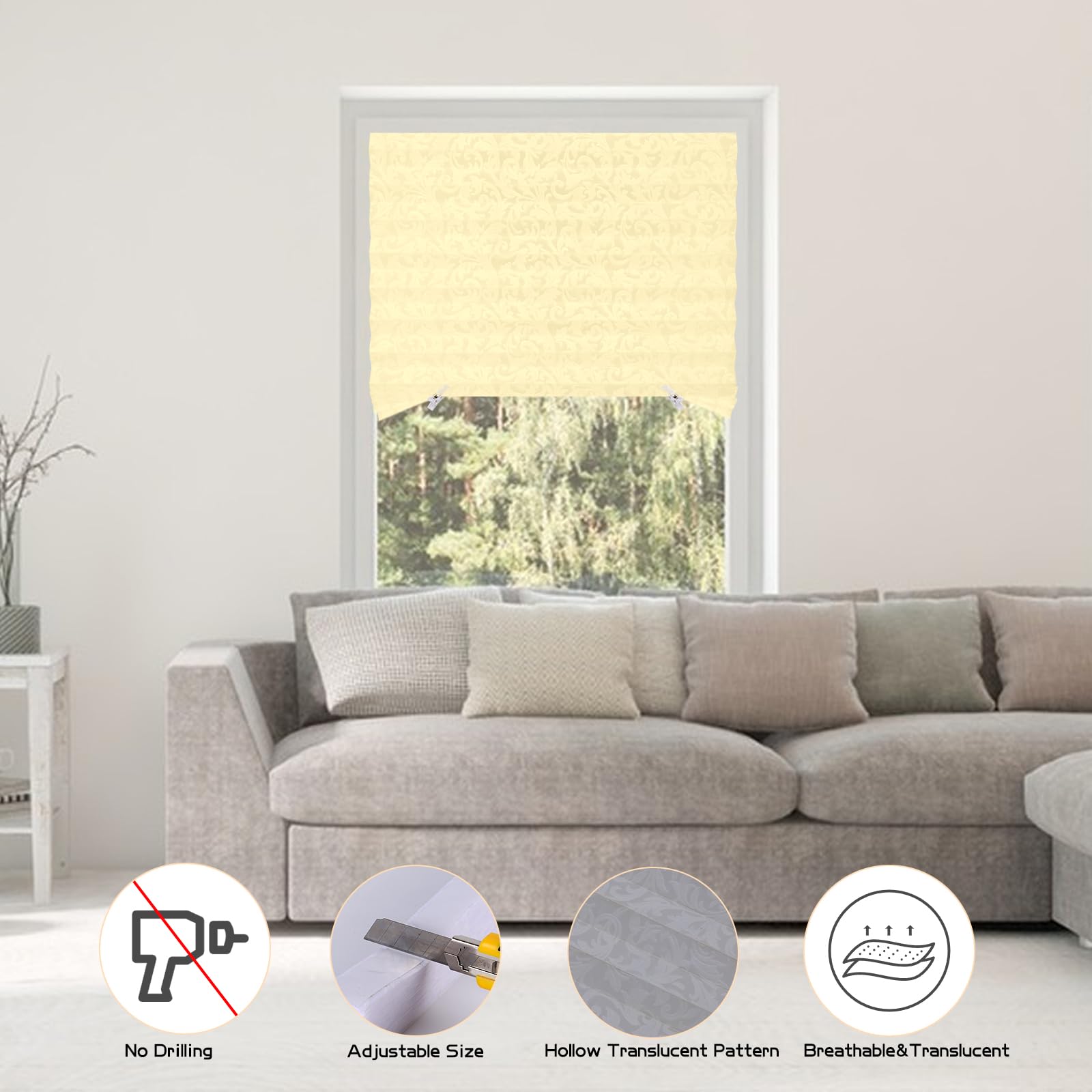 Embossed Paper Blinds - No Drill Temporary Pleated Window Shades | Self-Adhesive Cordless Window Coverings with Printed Patterns | Perfect for Indoor Windows, Doors, Bedrooms & Offices